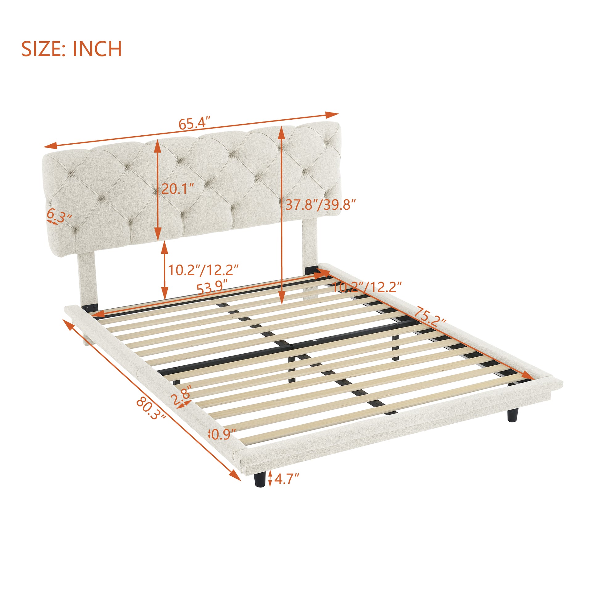 Full Size Upholstered Bed With Light Stripe, Floating Platform Bed, Linen Fabric,Beige Full Beige Linen