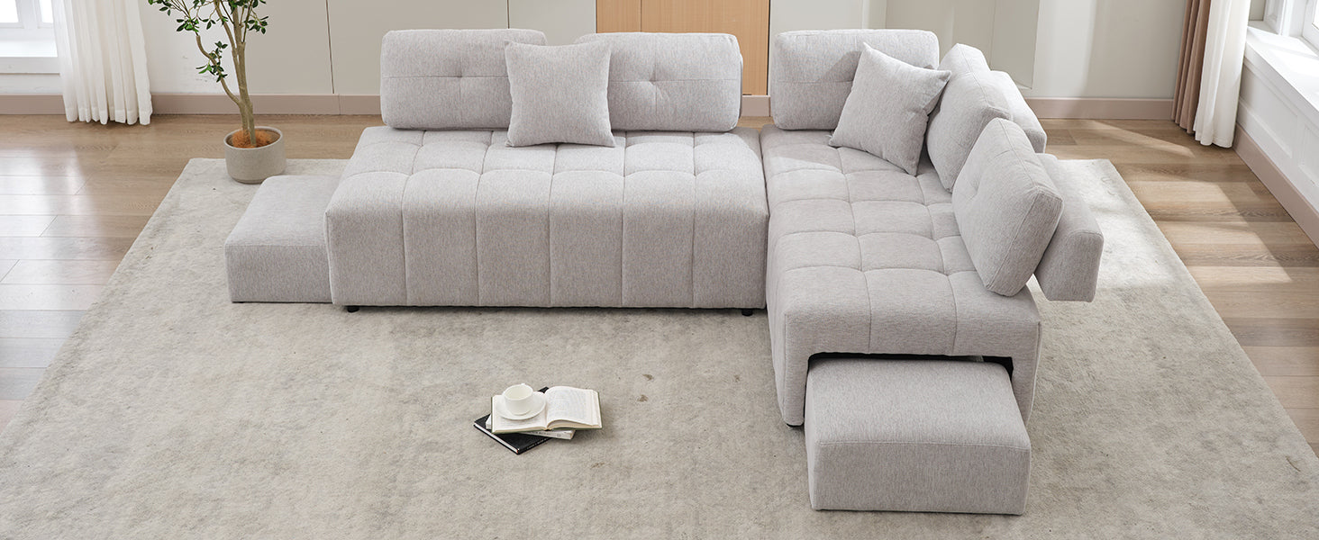 91.73" L Shaped Sofa Sectional Sofa Couch With 2 Stools And 2 Lumbar Pillows For Living Room, Light Grey Light Grey Chenille