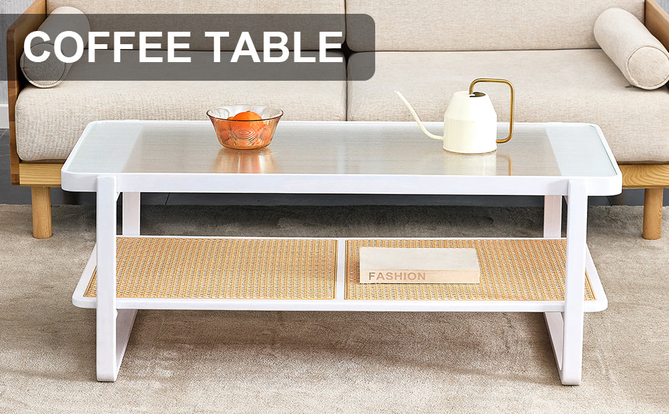 Modern Minimalist White Double Layered Solid Wood Coffee Table. Glass Tabletop, Imitation Rattan Edge Table. Rectangular Table Suitable For Living Room, Dining Room, And Bedroom White Wood