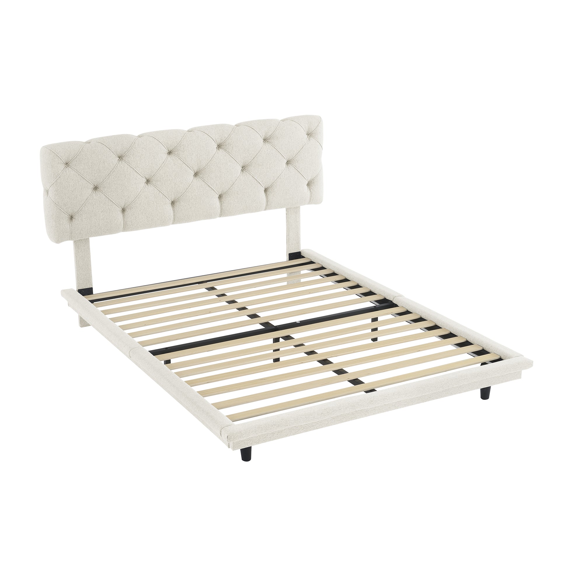 Full Size Upholstered Bed With Light Stripe, Floating Platform Bed, Linen Fabric,Beige Full Beige Linen