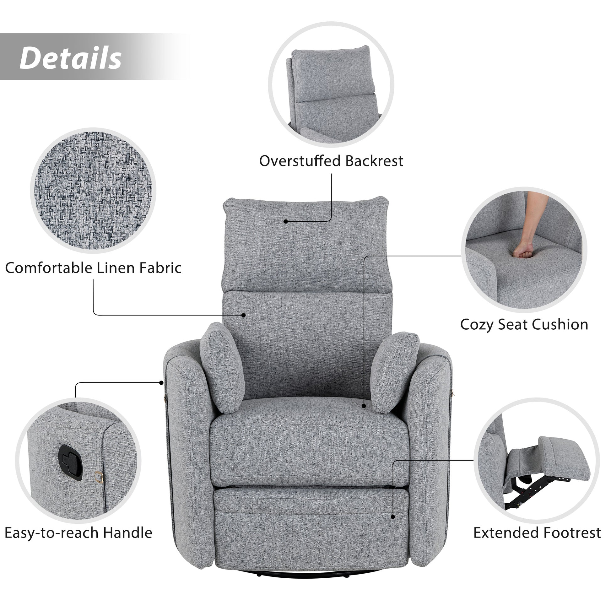 Upholstered Swivel Recliner Manual Rocker Recliner Chair Baby Nursery Chair With Two Removable Pillows For Living Room, Dark Grey Dark Grey Foam Linen