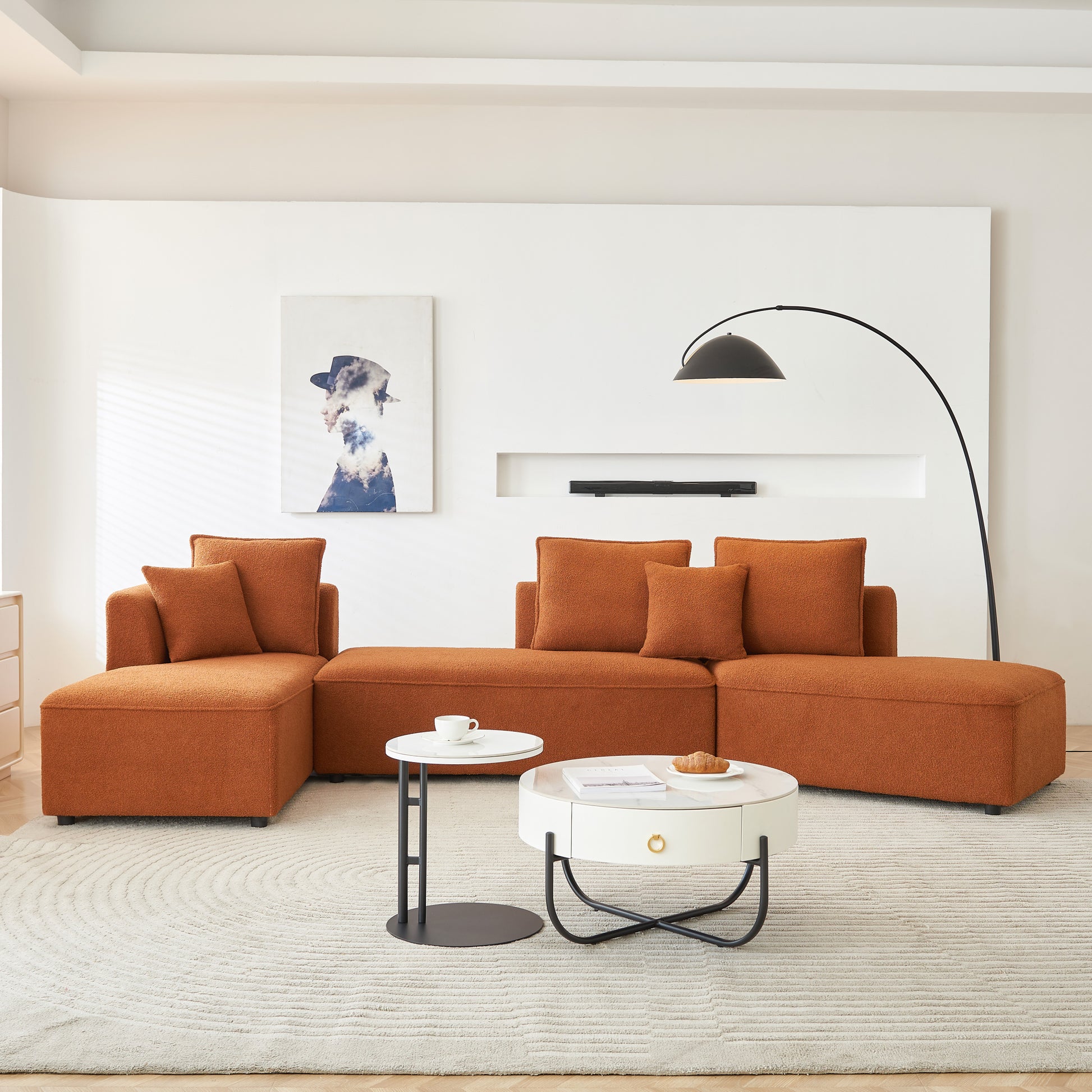 Curved Modular Sectional Sofa For Living Room, Oversized L Shaped Couch With Chaise Lounge Sofa Set, Upholstered Sofa With 3 Back Pillows & 2 Throw Pillow, For Home Office, Orange Orange Foam Sherpa