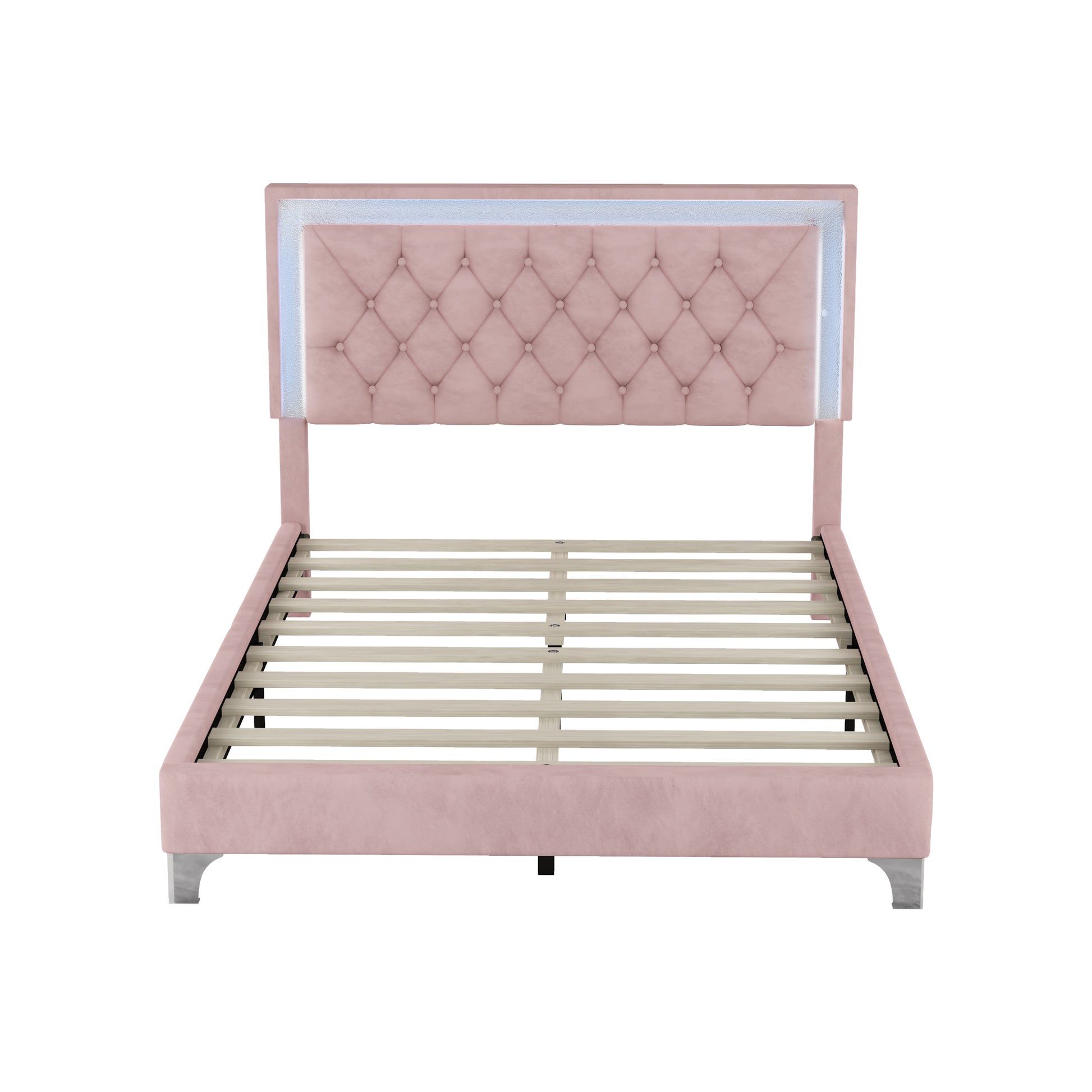 Full Size Upholstered Bed Frame With Led Lights,Modern Velvet Platform Bed With Tufted Headboard,Pink Pink Velvet