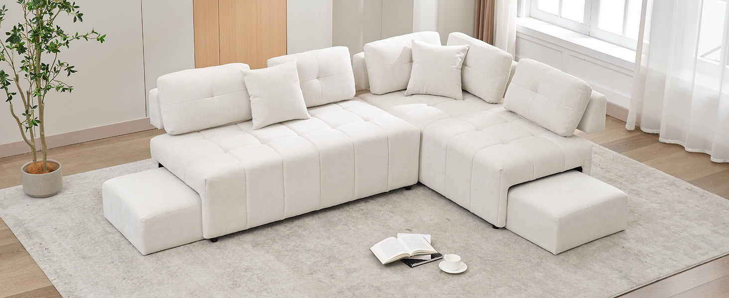 91.73" L Shaped Sofa Sectional Sofa Couch With 2 Stools And 2 Lumbar Pillows For Living Room, Biege Beige Chenille