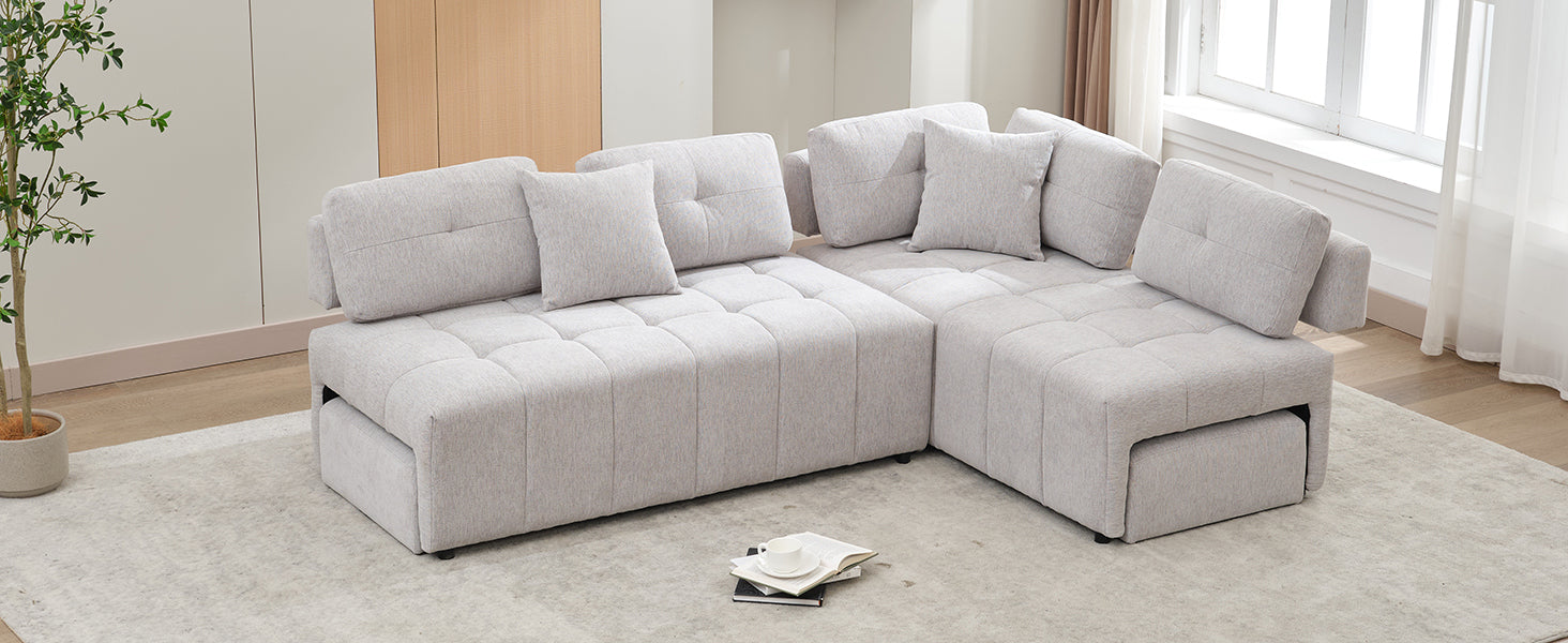 91.73" L Shaped Sofa Sectional Sofa Couch With 2 Stools And 2 Lumbar Pillows For Living Room, Light Grey Light Grey Chenille