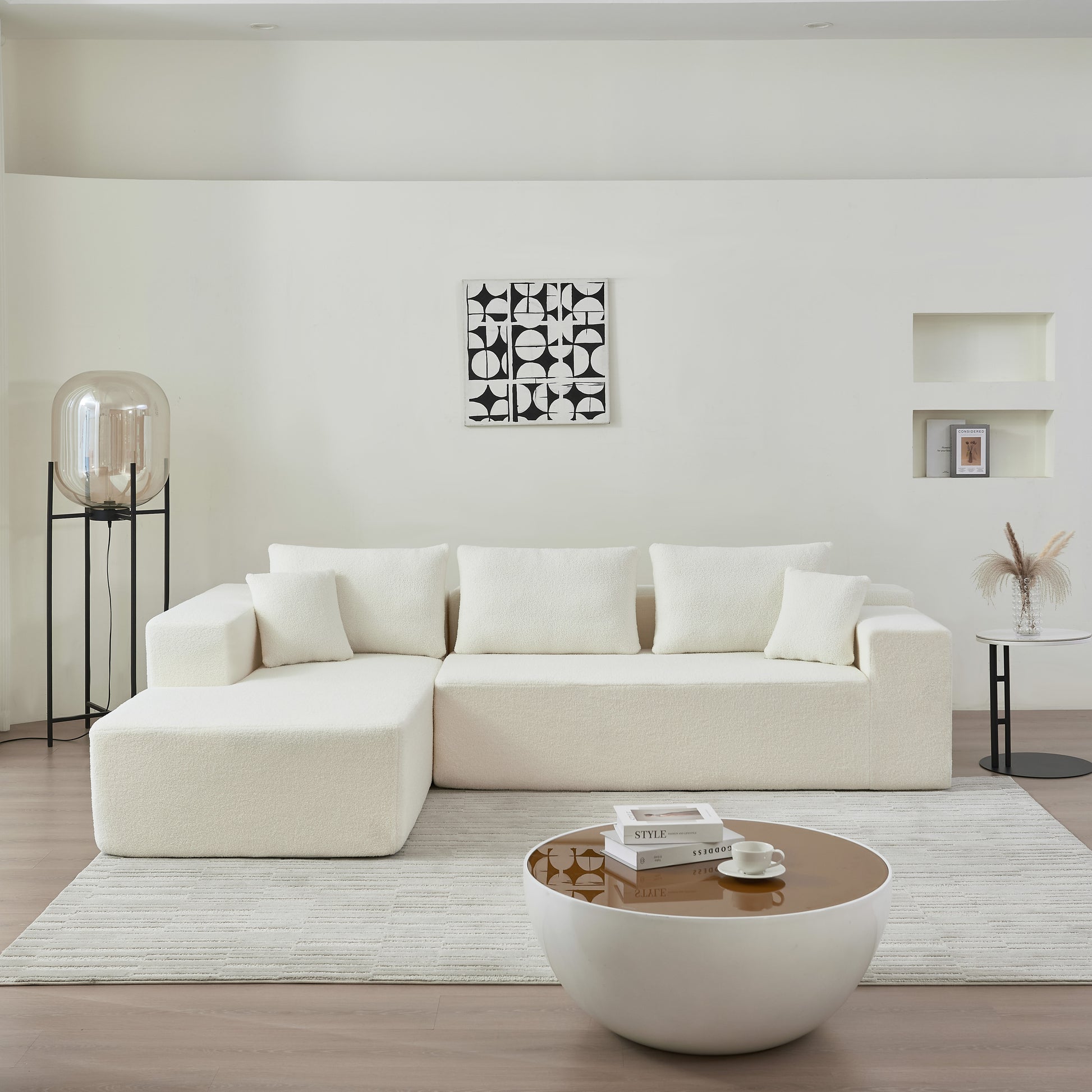104.33" Sponge Sectional Sofa Couch For Living Room, L Shaped Modern Lamb Modular High Density Sponge Floor Sofa, Sherpa Fabric Sofa Couch With Chaise Lounge, Upholstered Corner Cloud Couch, White White Primary Living Space Square Arms Foam Foam