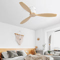 52 Inch Indoor 3 Solid Wood Blade Ceiling Fan Noiseless Reversible Dc Motor Remote Control White Metal & Wood