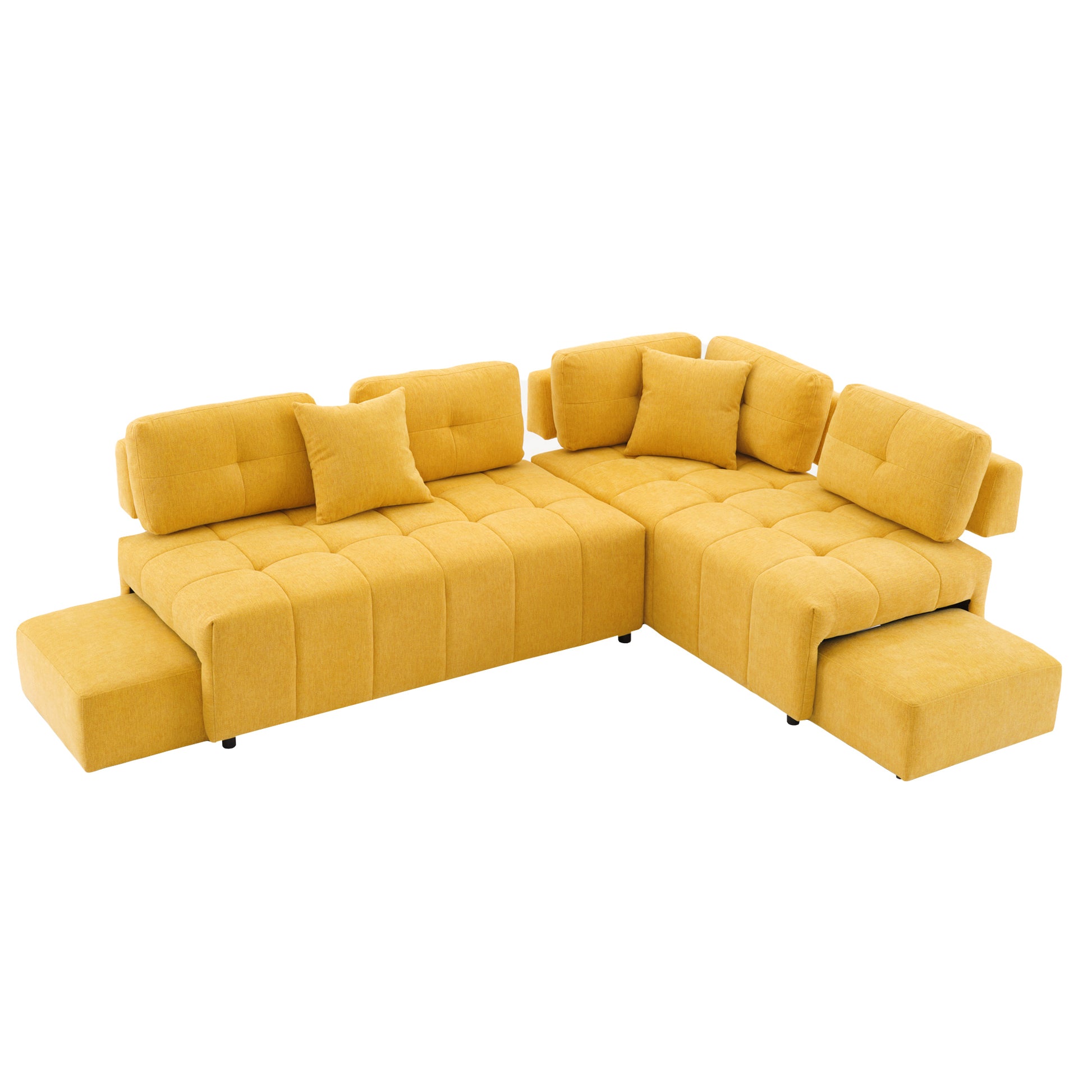 91.73" L Shaped Sofa Sectional Sofa Couch With 2 Stools And 2 Lumbar Pillows For Living Room, Yellow Yellow Chenille