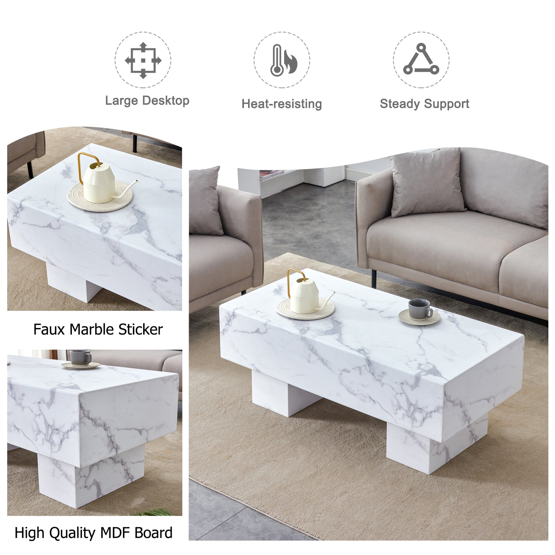 The White Coffee Table Has Patterns. Modern Rectangular Table, Suitable For Living Rooms And Apartments. 43.3"*21.6"*17.2" White Mdf