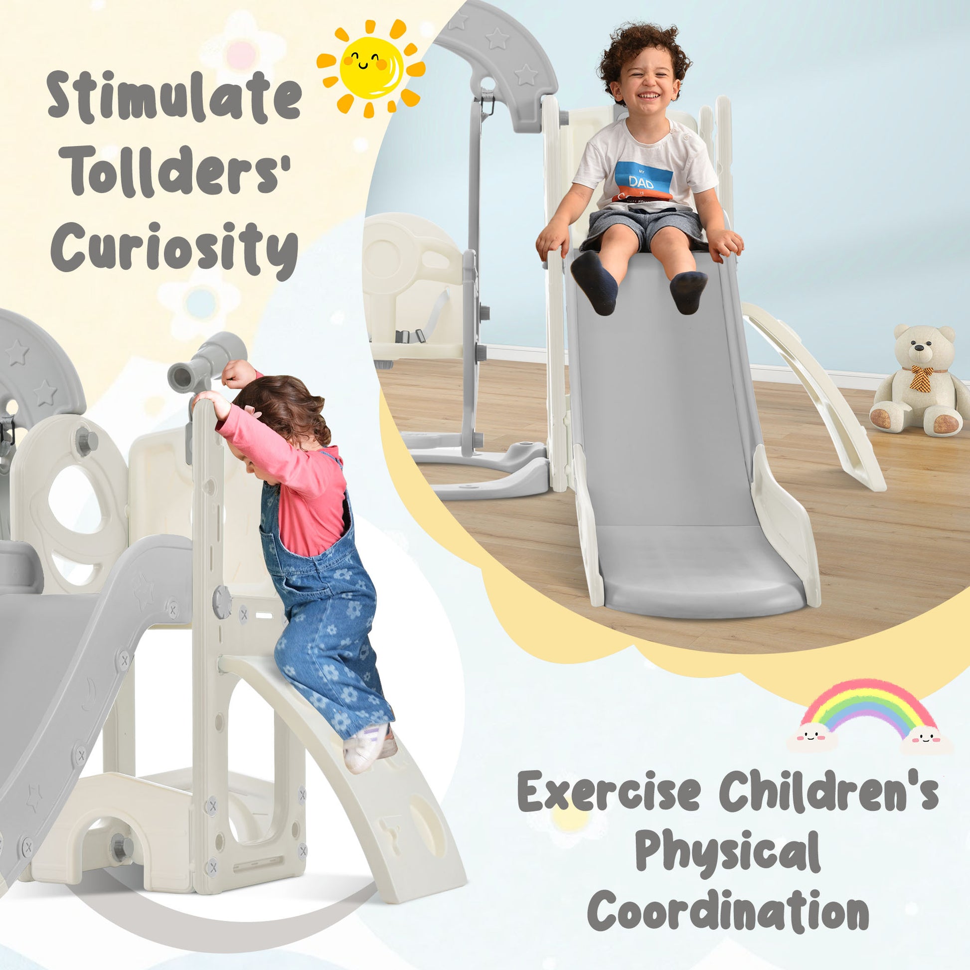 Toddler Slide And Swing Set 5 In 1, Kids Playground Climber Slide Playset With Telescope, Freestanding Combination For Babies Indoor & Outdoor Grey White Hdpe