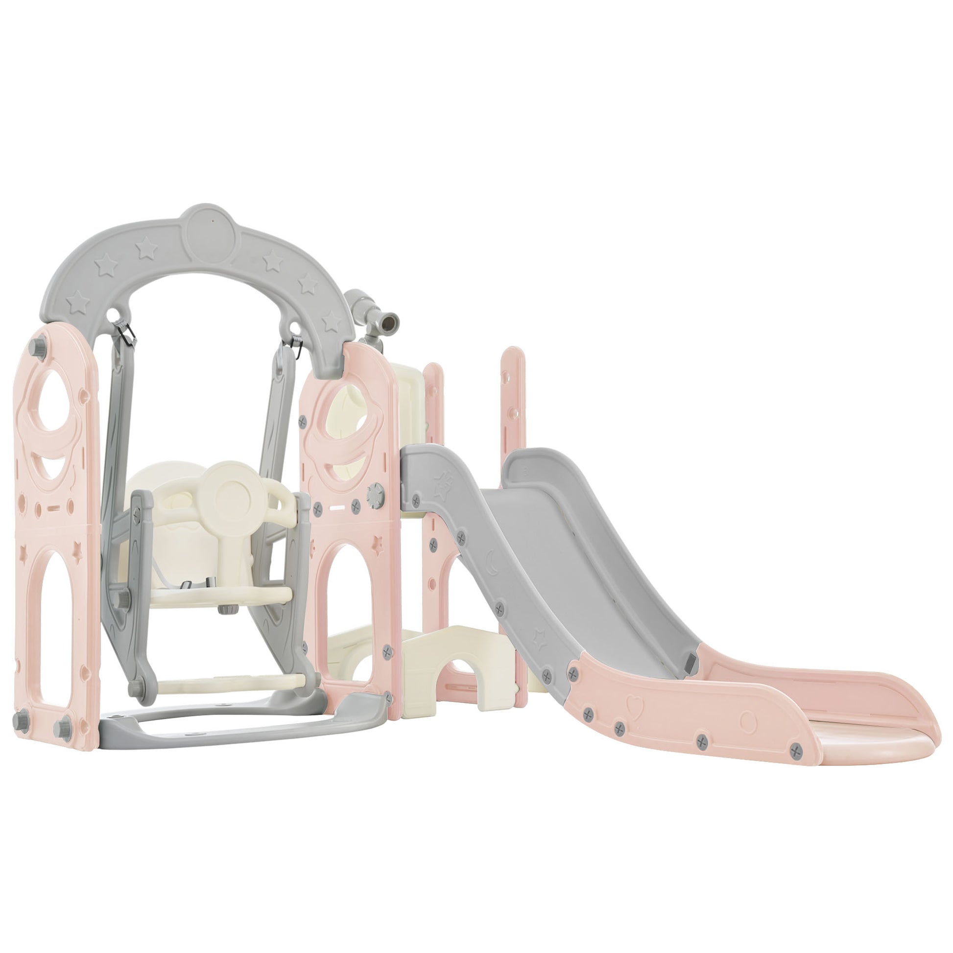 Toddler Slide And Swing Set 5 In 1, Kids Playground Climber Slide Playset With Telescope, Freestanding Combination For Babies Indoor & Outdoor Pink Grey Hdpe