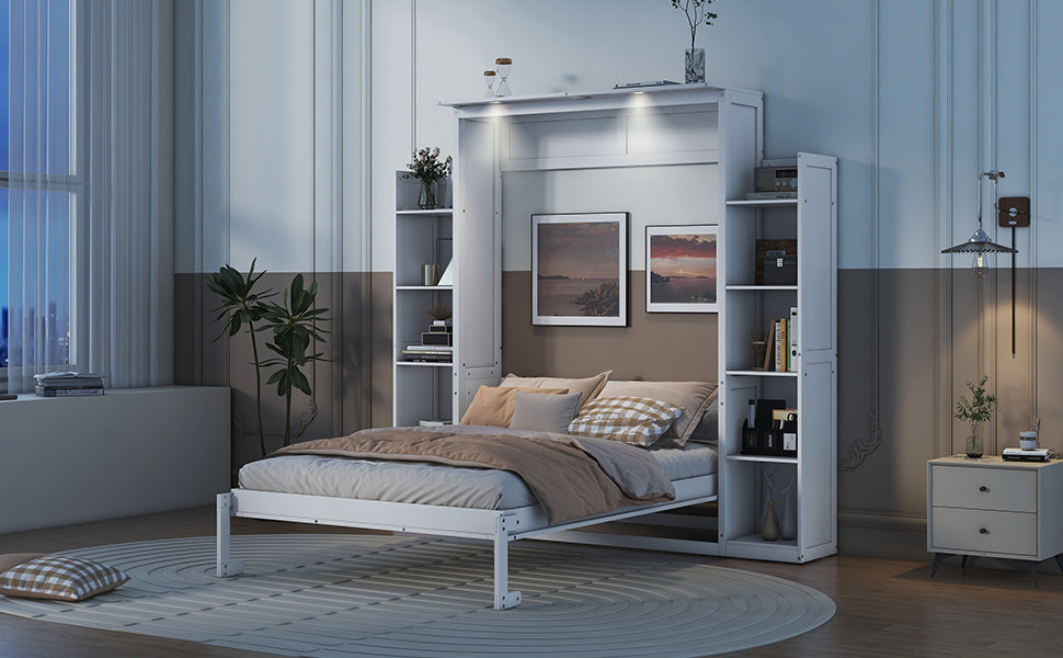 Full Size Murphy Bed Wall Bed With Shelves And Led Lights,White White Solid Wood Mdf