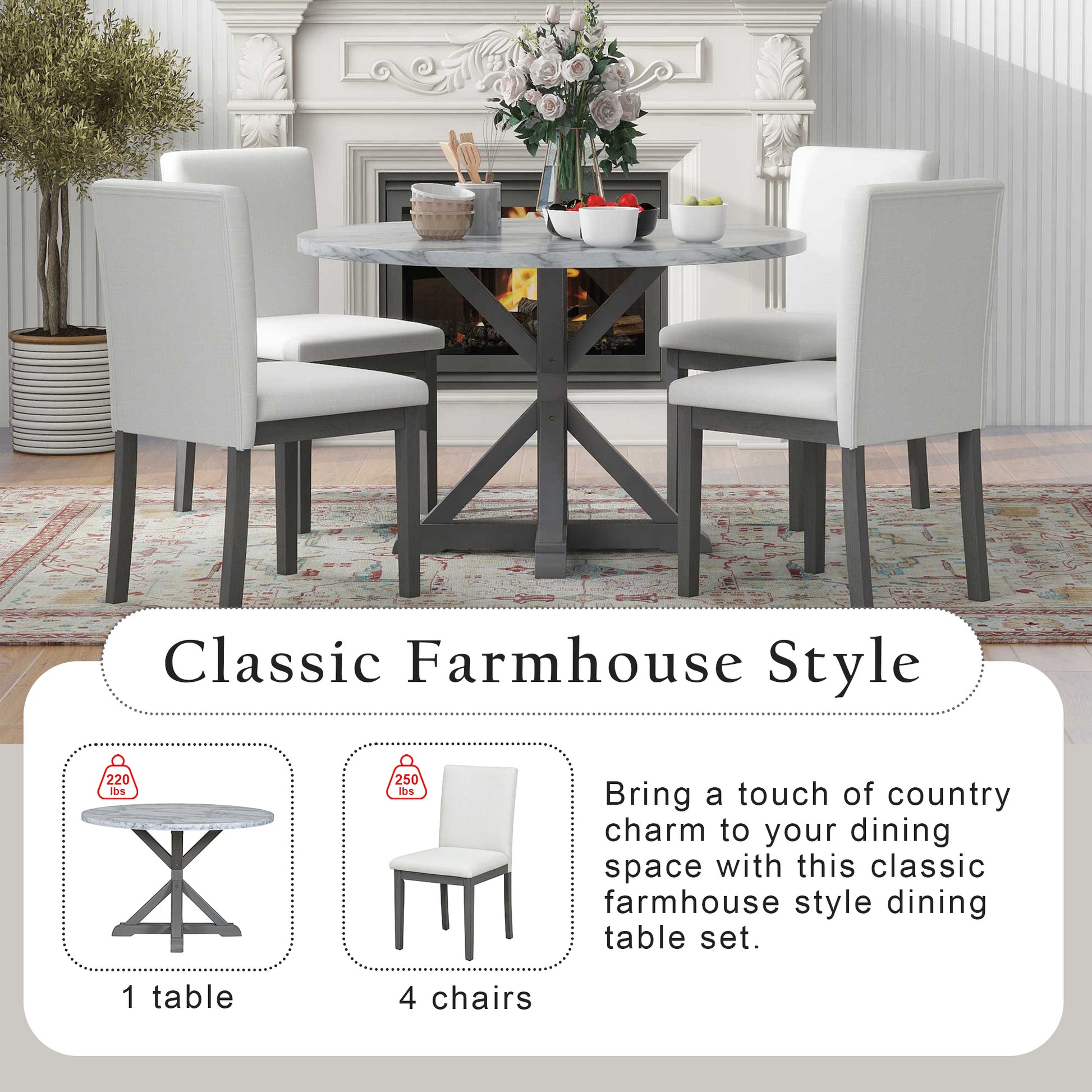 5 Piece Farmhouse Style Dining Table Set, Marble Sticker And Cross Bracket Pedestal Dining Table, And 4 Upholstered Chairs White Gray Upholstered Chair Wood White Gray Seats 4 Wood Dining Room Antique,Classic,Farmhouse Pedestal Round Dining Table With