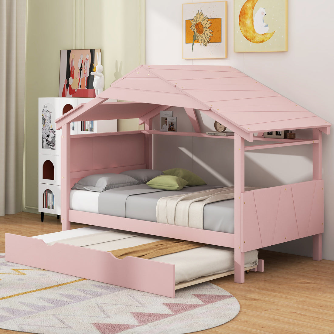 Wood Twin Size House Bed With Trundle And Storage, Pink Box Spring Not Required Twin Pink Wood Bedroom Bed Frame Solid Wood Mdf