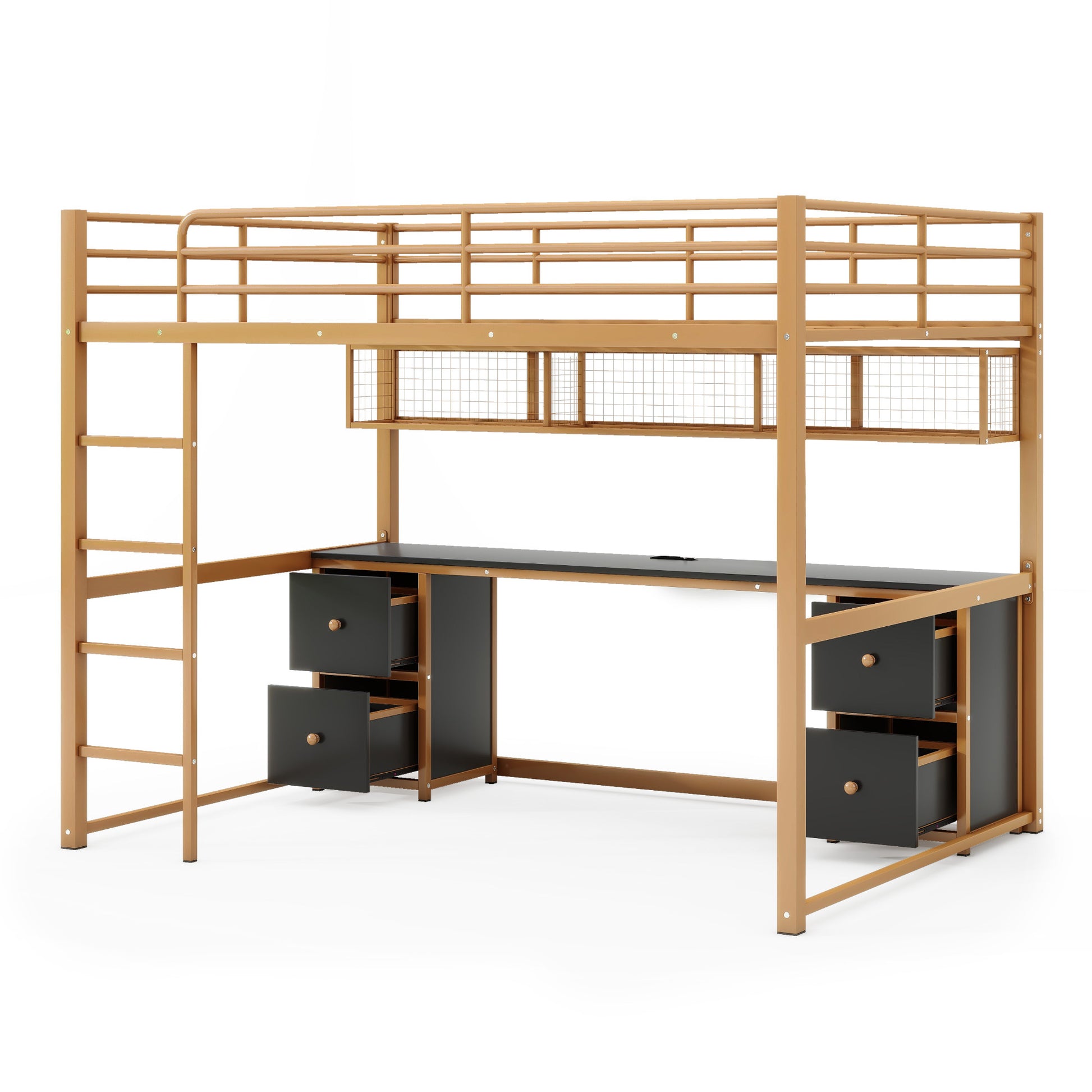Full Size Metal Loft Bed With Desk, Drawers And Bedside Tray, Charging Station, Usb And Socket Full Gold Black Mdf Metal
