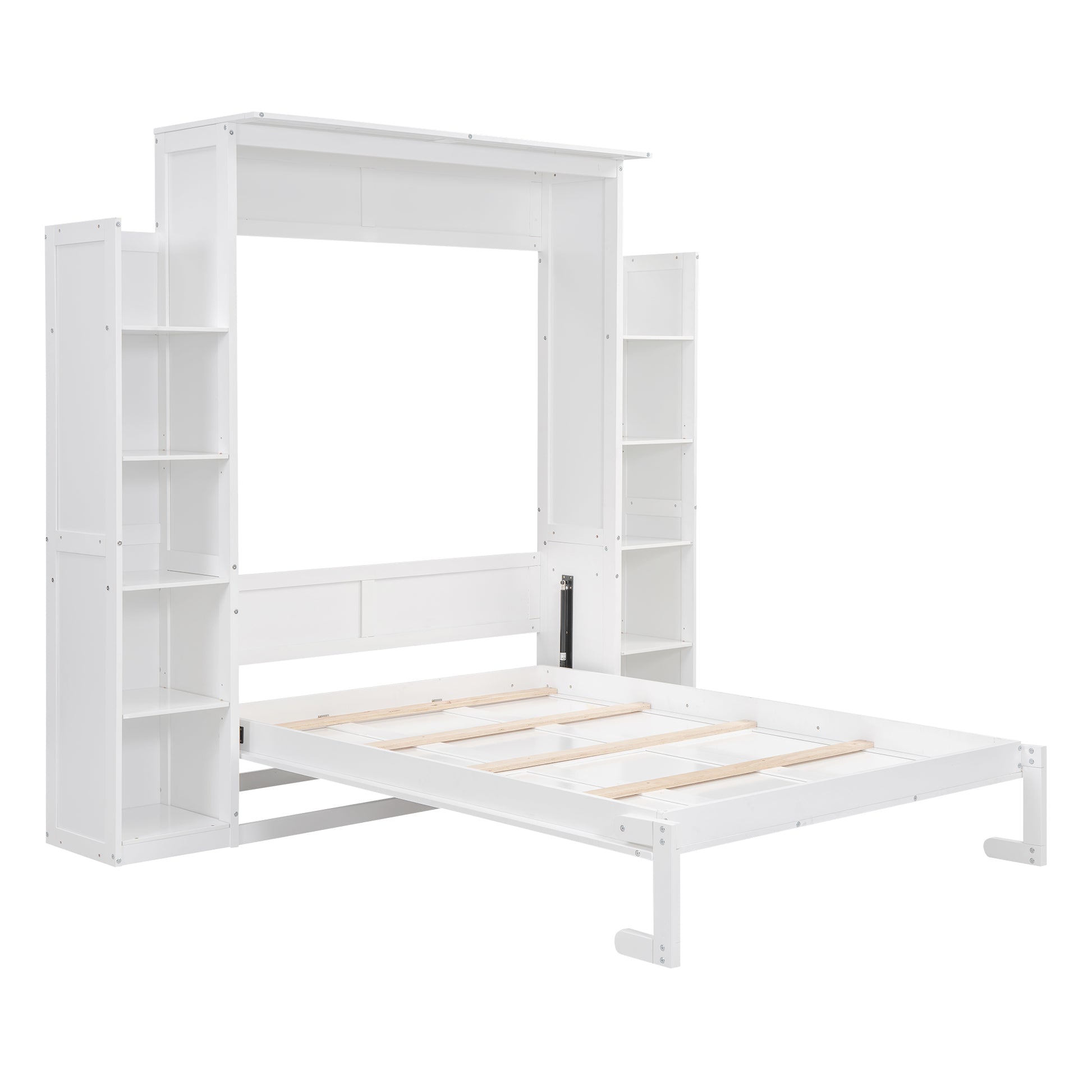 Full Size Murphy Bed Wall Bed With Shelves And Led Lights,White White Solid Wood Mdf