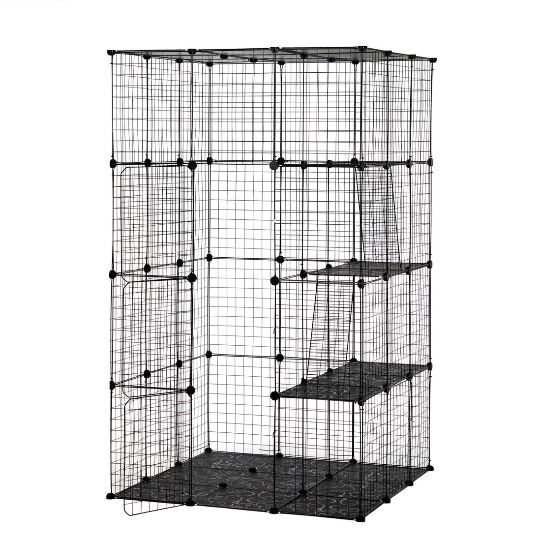 3 Tier Wire Cat Cage, Large Kennels Playpen With 3 Platforms, 3 Ramp Ladders And 4 Doors, Black Black Metal