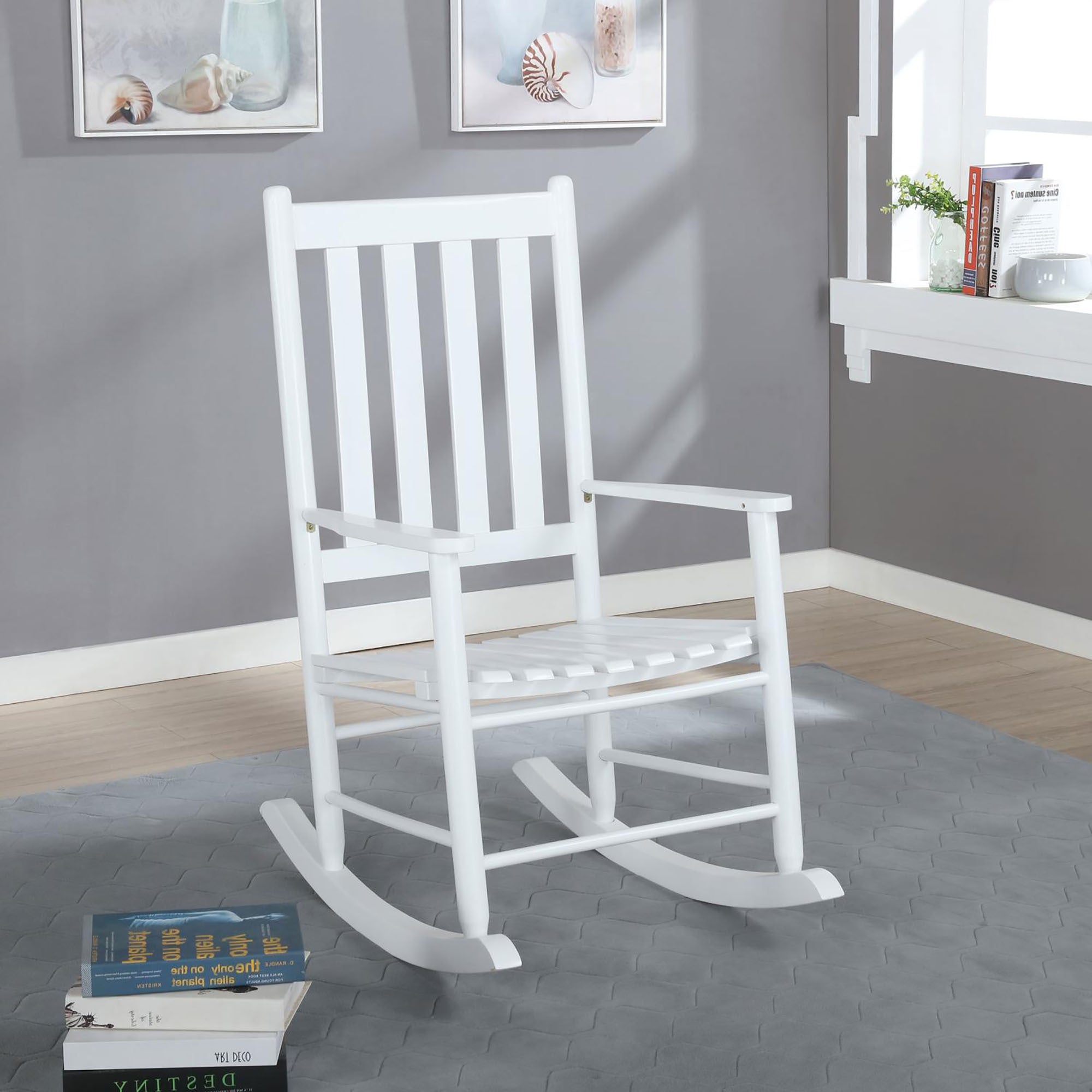 White Slat Back Rocking Chair White White Primary Living Space Farmhouse,Rustic Rocking Chairs Acacia Slat Back Wood