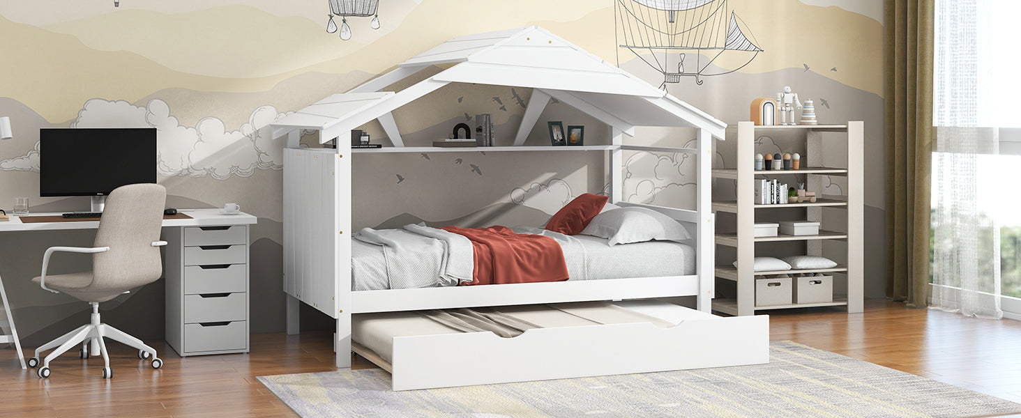 Wood Twin Size House Bed With Trundle And Storage, White Box Spring Not Required Twin White Wood Bedroom Bed Frame Solid Wood Mdf