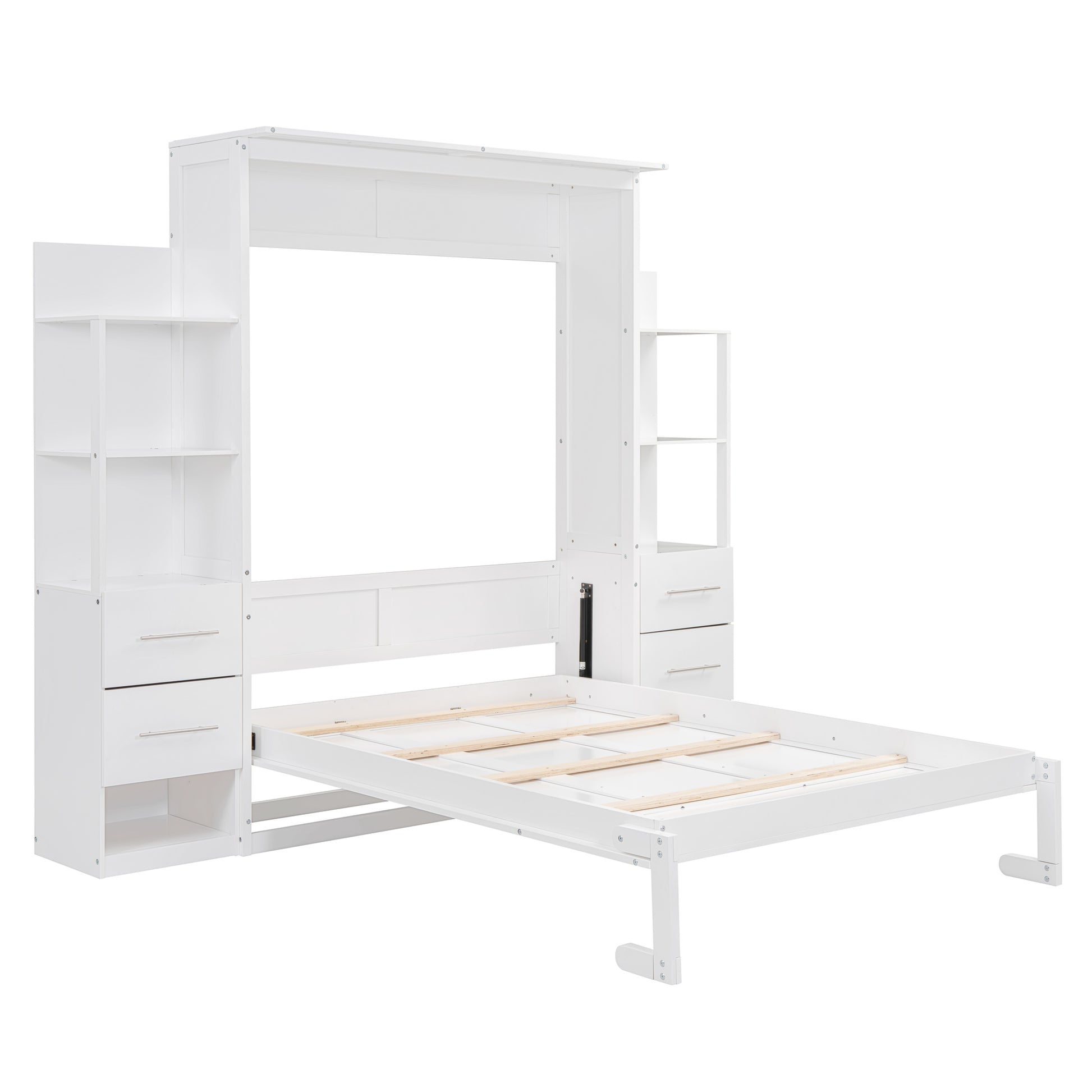 Full Size Murphy Bed Wall Bed With Shelves, Drawers And Led Lights,White White Mdf Lvl