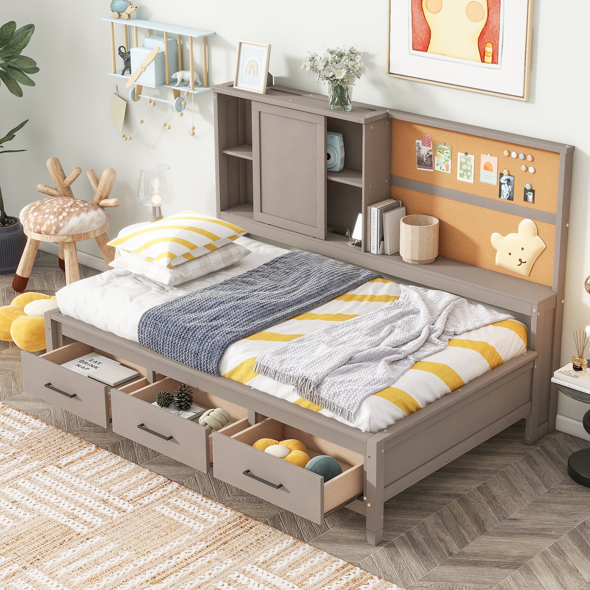 Twin Size Lounge Daybed With Storage Shelves, Cork Board, Usb Ports And 3 Drawers, Antique Gray Box Spring Not Required Twin Antique Gray Bedroom Bed Frame Solid Wood Mdf