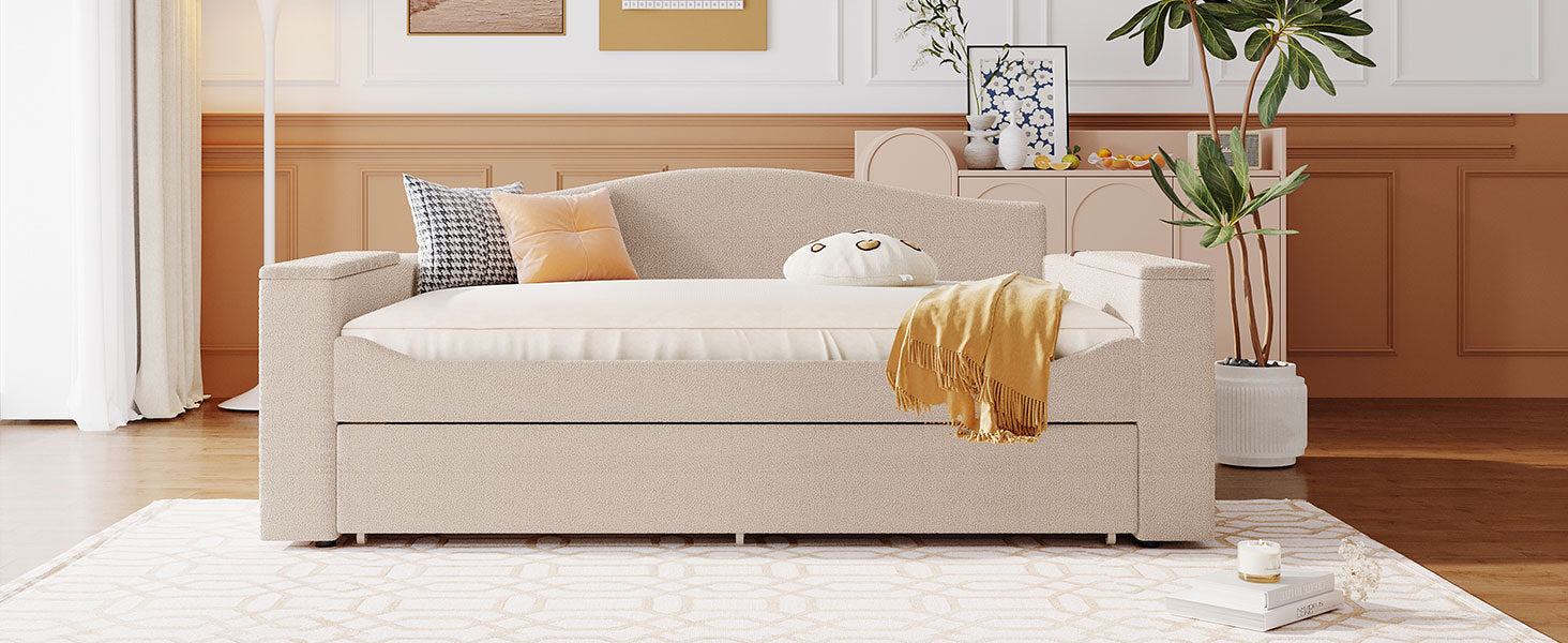 Full Size Upholstered Daybed With Storage Armrests, Trundle And Latest Integrated Bluetooth Audio System, Teddy Fleece, Beige Beige Fleece