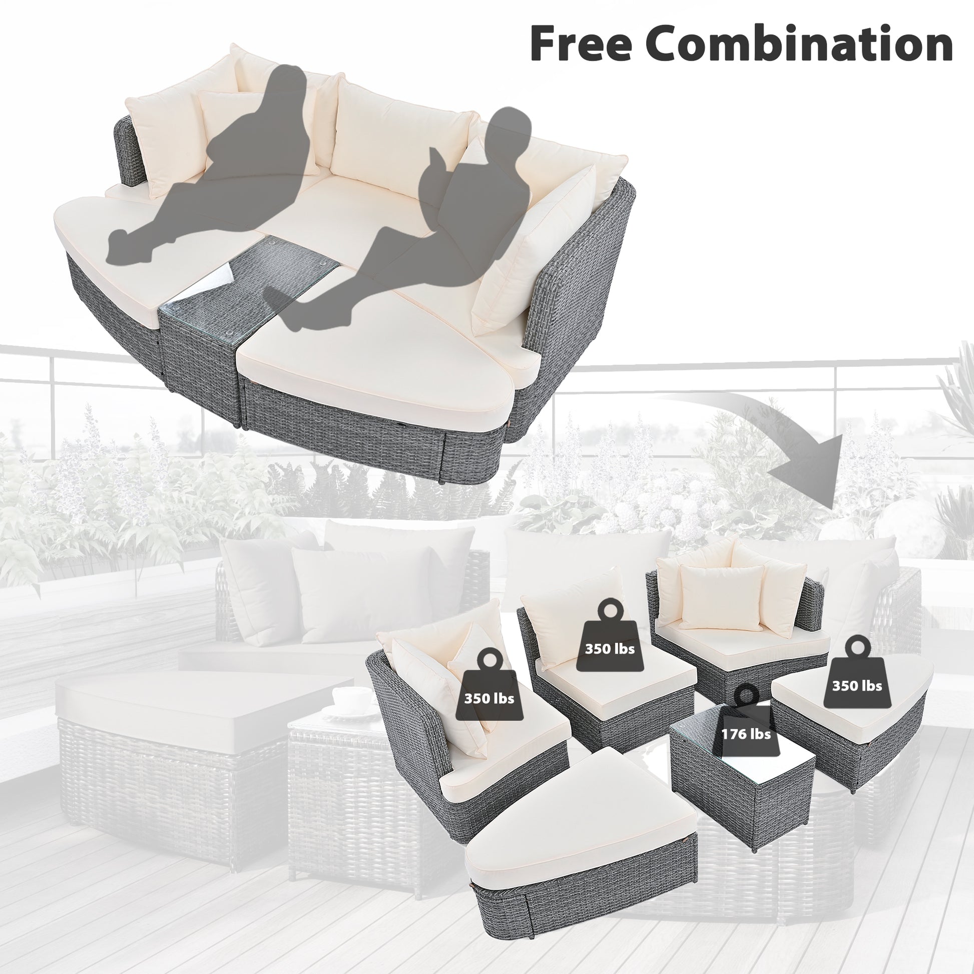 6 Piece Patio Outdoor Conversation Round Sofa Set, Pe Wicker Rattan Separate Seating Group With Coffee Table, Beige Yes Deep Seating Beige Weather Resistant Frame Water Resistant Cushion Garden & Outdoor Sofa Seating Groups Foam Rattan
