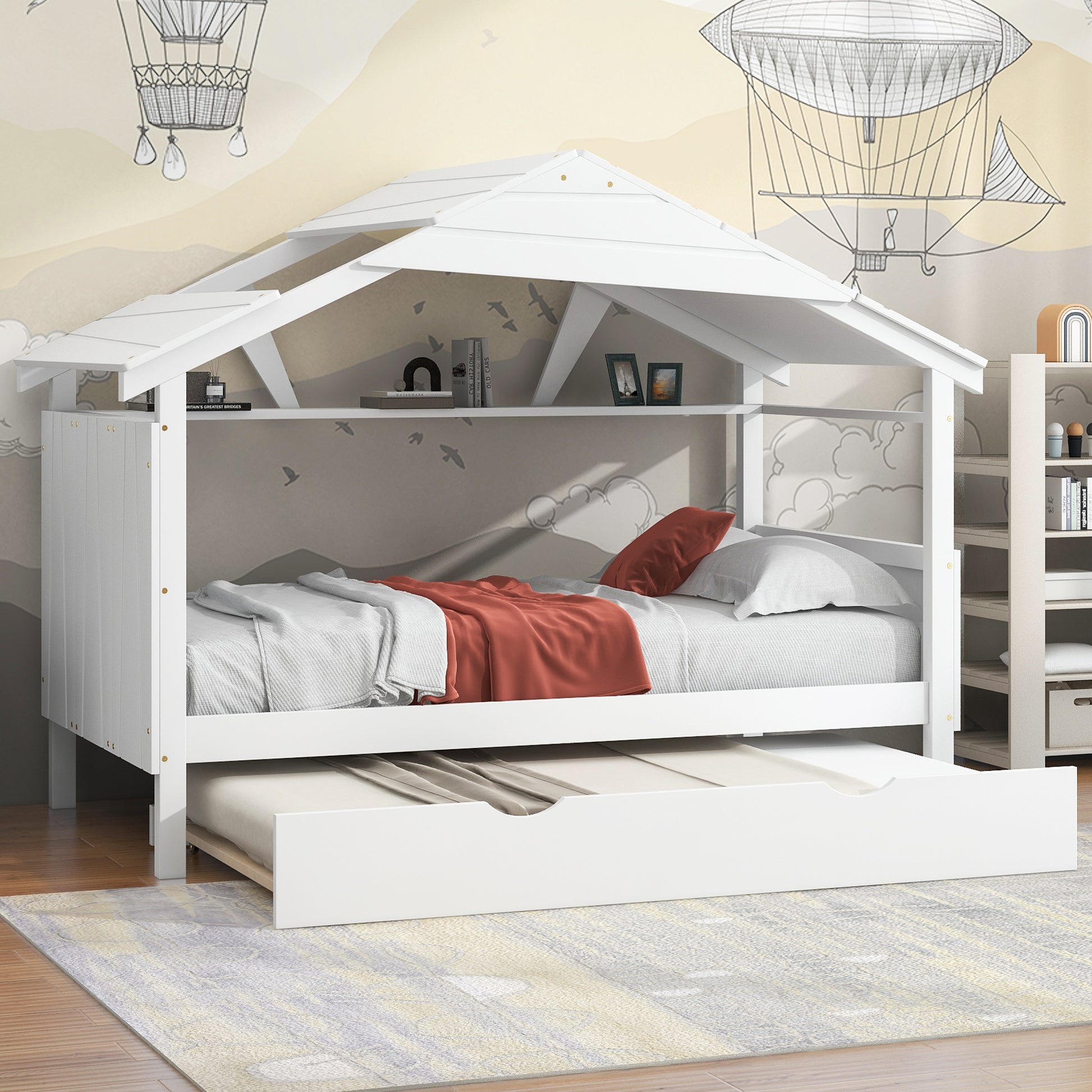 Wood Twin Size House Bed With Trundle And Storage, White Box Spring Not Required Twin White Wood Bedroom Bed Frame Solid Wood Mdf