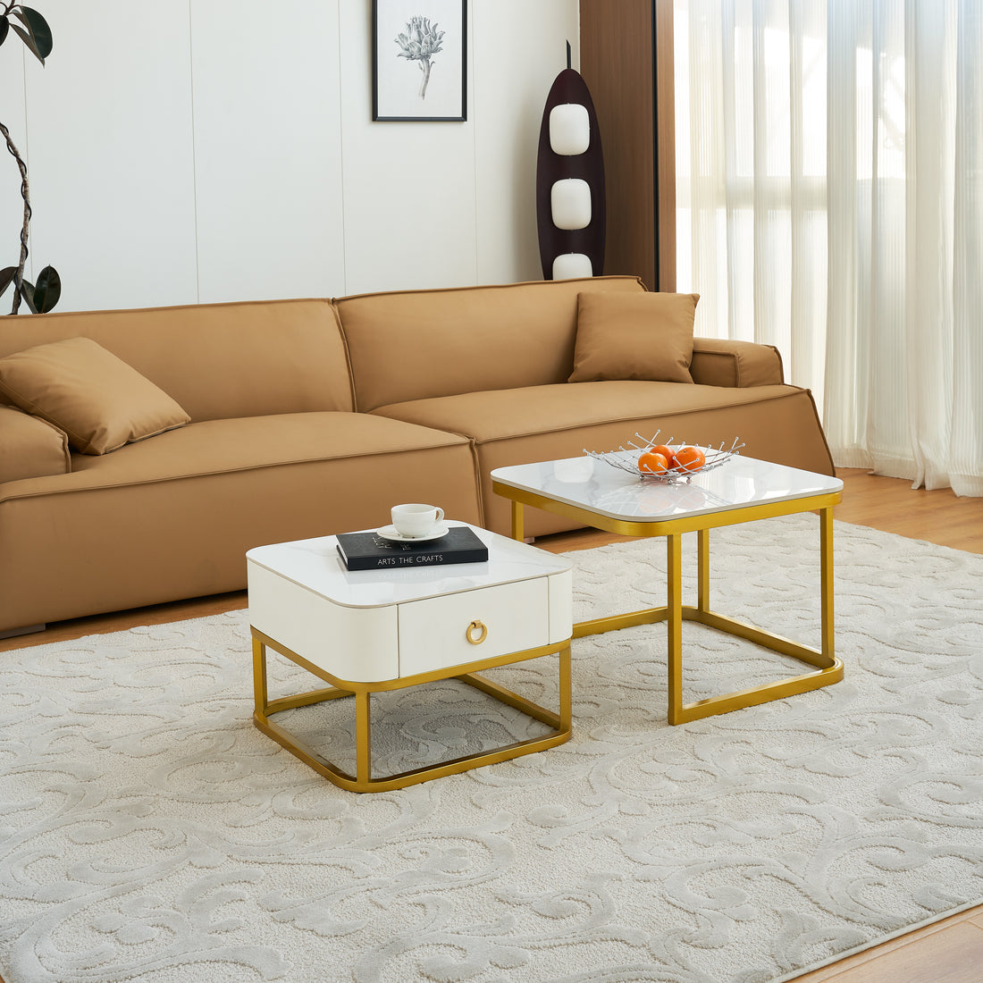 Modern Marble Nesting Table, Coffee Table Set Of 2 End Table For Living Room,Stacking Side Tables, For Living Room Bedroom, Accent Tea Table With Metal Frame, Sturdy And Easy Assembly, Gold Gold Sintered Stone