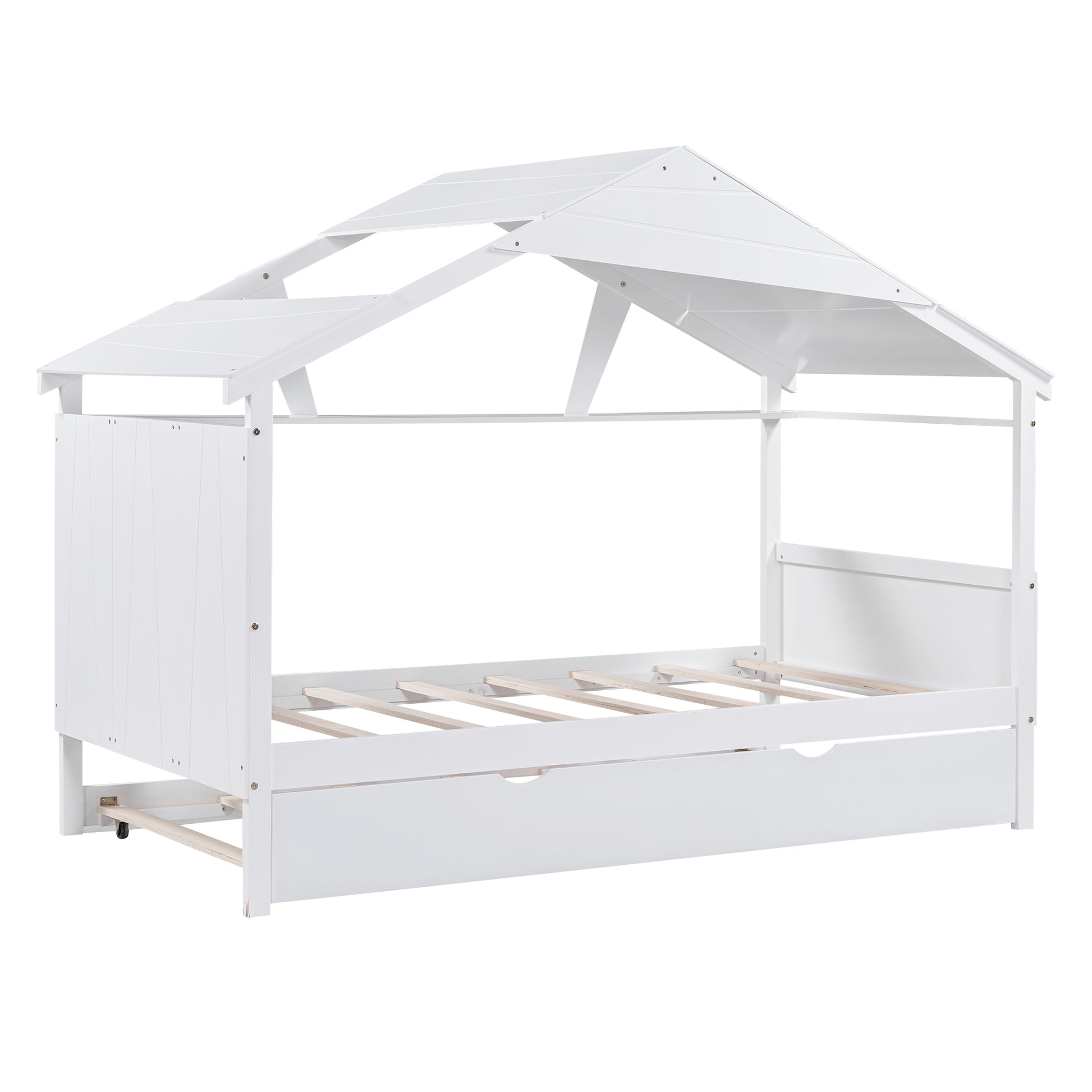 Wood Twin Size House Bed With Trundle And Storage, White Box Spring Not Required Twin White Wood Bedroom Bed Frame Solid Wood Mdf