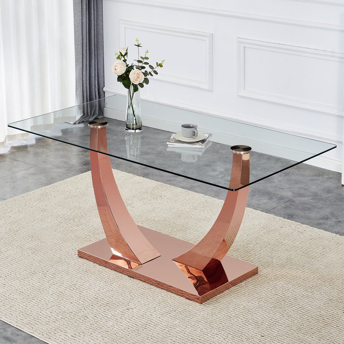 Modern Minimalist Rectangular Glass Dining Table, 0.4 "Thick, Tempered Glass Tabletop, Rose Gold Colored Legs. Used In Kitchen, Dining Room, And Living Room 63" * 31.5 "* 29.5" F 1548 Rose Gold Glass