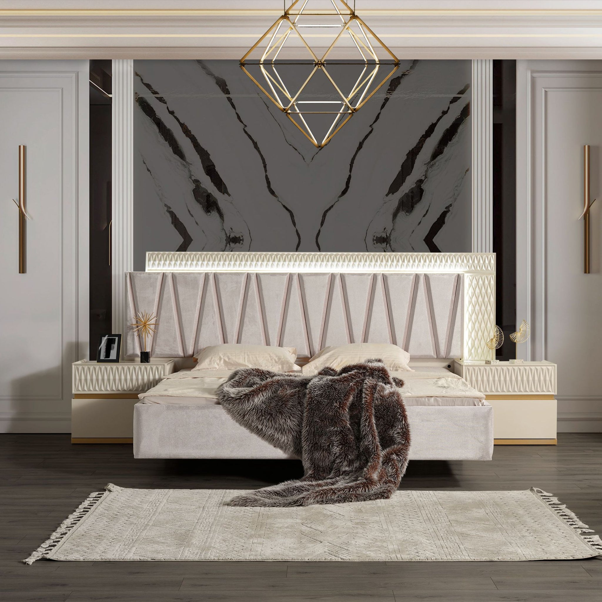 Delfano Modern Style Queen Bed Made With Wood In Beige Box Spring Not Required Queen Beige Wood Bedroom Contemporary,Modern Bed Frame Solid Wood Mdf Velvet Wood