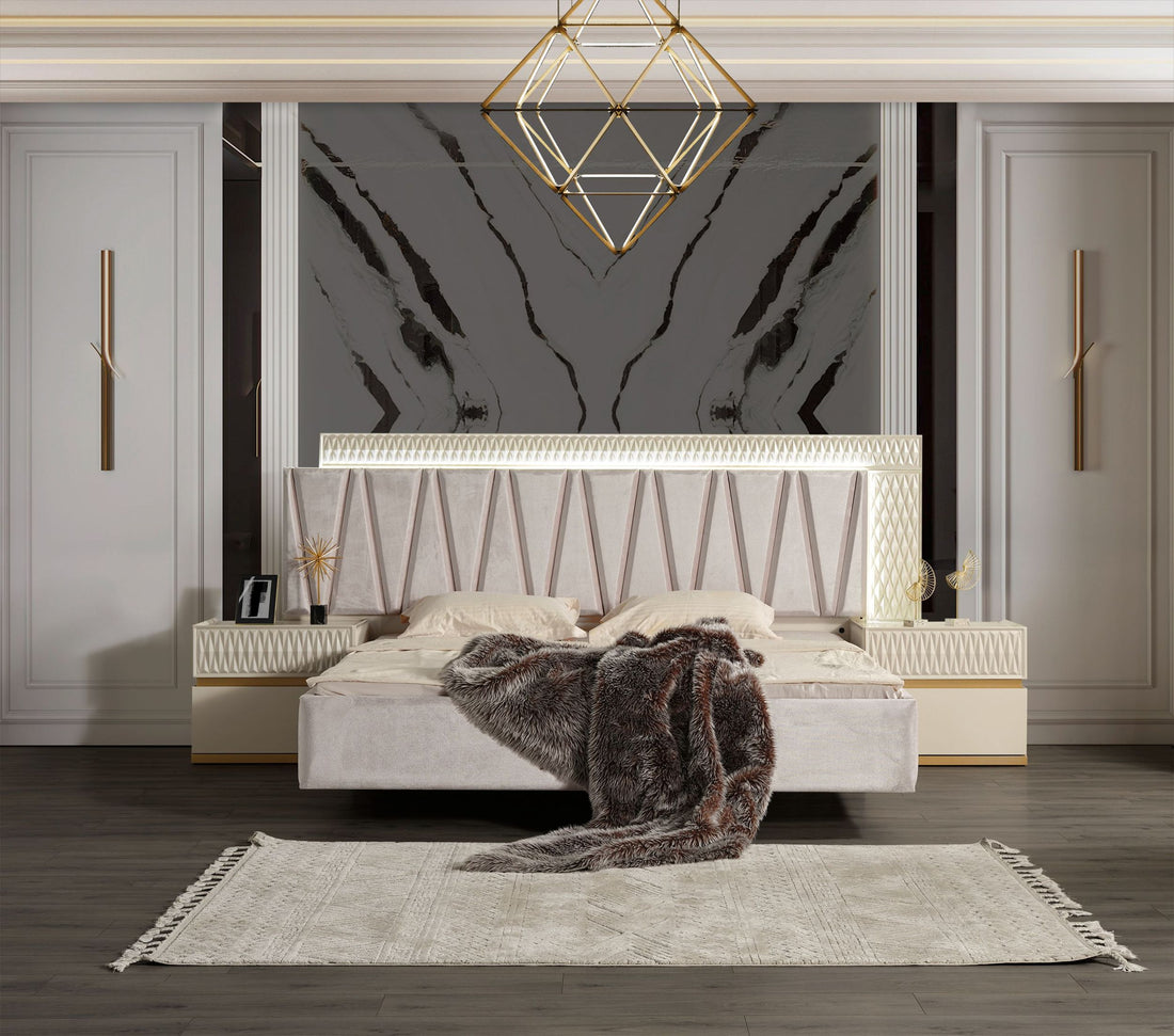 Delfano Modern Style 4 Pc Queen Bedroom Set Made With Wood In Beige Box Spring Not Required Queen Beige Wood 4 Piece Set Bedroom Bed Included,Dresser Included,Mirror Included,Nightstand Included Contemporary,Modern Solid Wood Mdf Velvet Built In Lighting