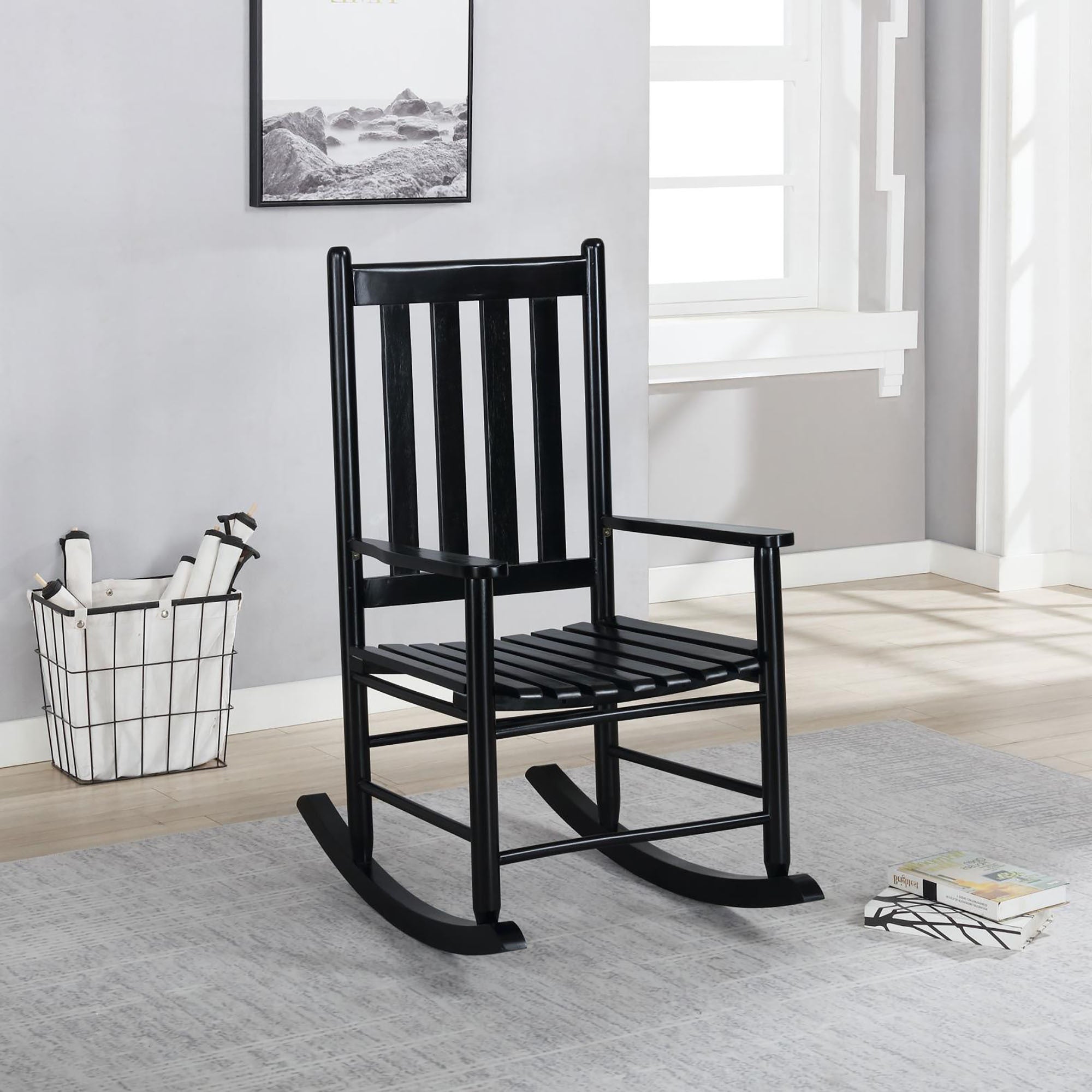 Black Slat Back Rocking Chair Black Primary Living Space Traditional Rocking Chairs Acacia Slat Back Wood