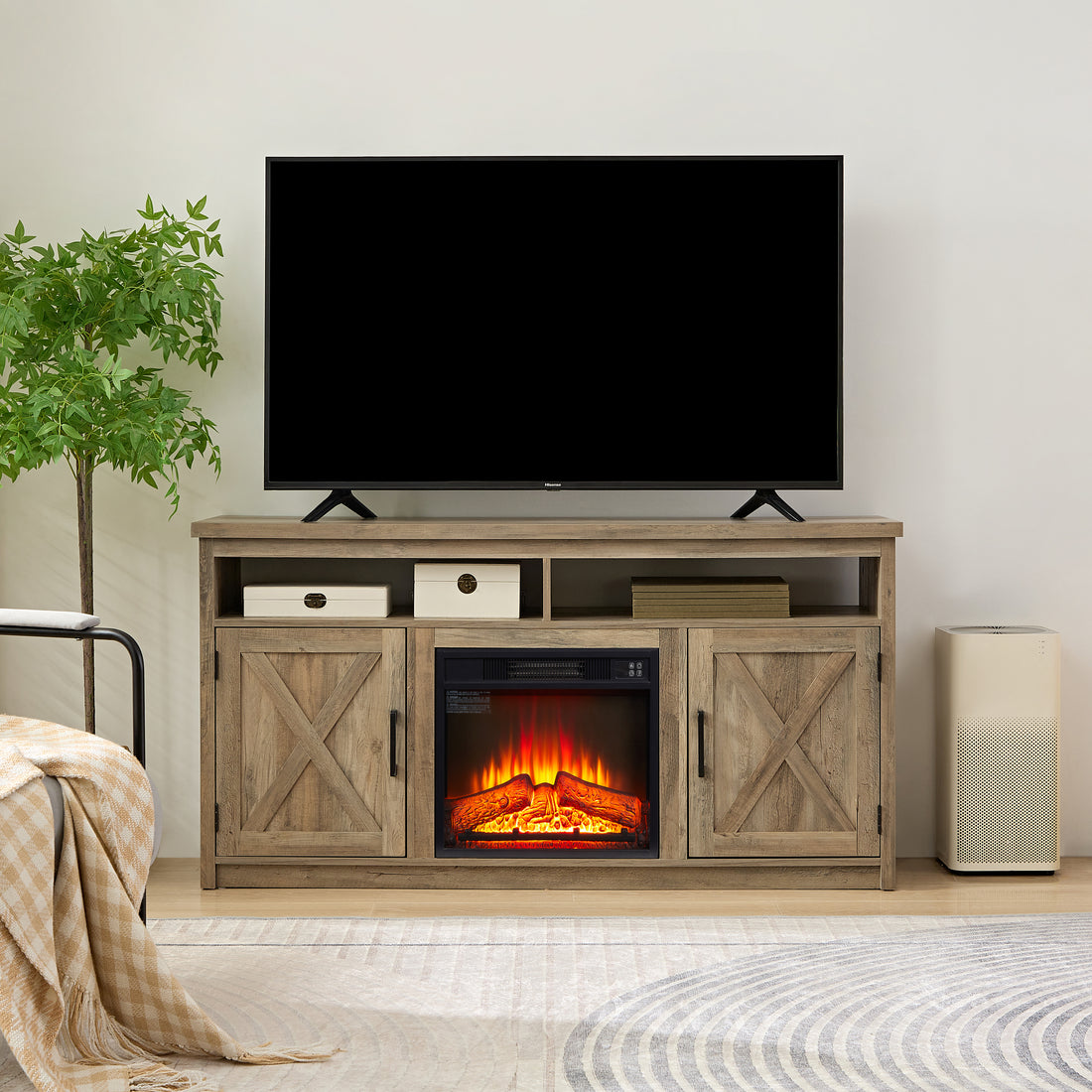 Farmhouse Tv Media Stand, Large Barn Inspired Home Entertainment Console, With 18" Fireplace Insert, For Tv Up To 65'', With Open Shelves And Closed Cabinets, Gray Wash 57.87*15.75*30.31 Gray Wash 50 59 Inches Mdf