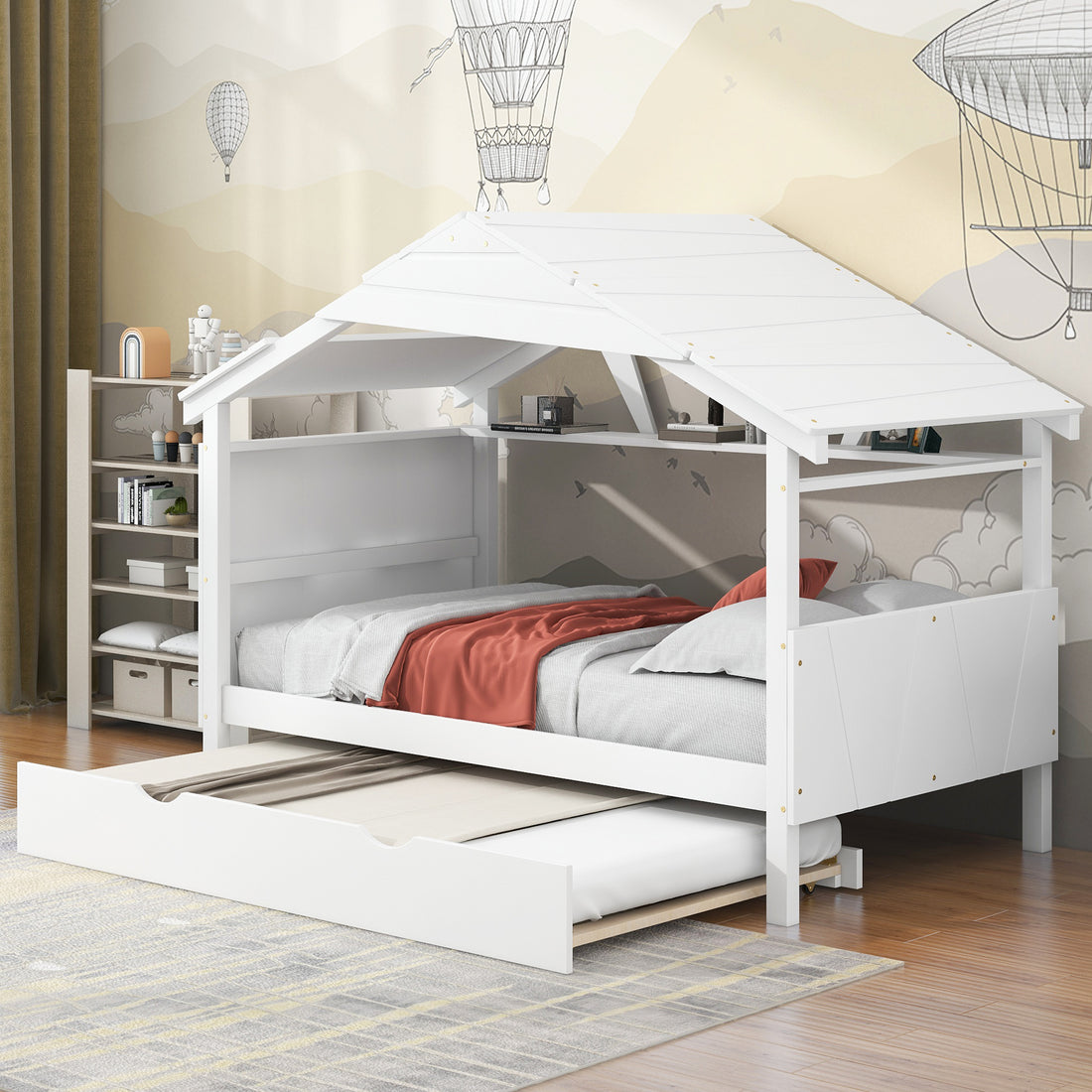 Wood Twin Size House Bed With Trundle And Storage, White Box Spring Not Required Twin White Wood Bedroom Bed Frame Solid Wood Mdf