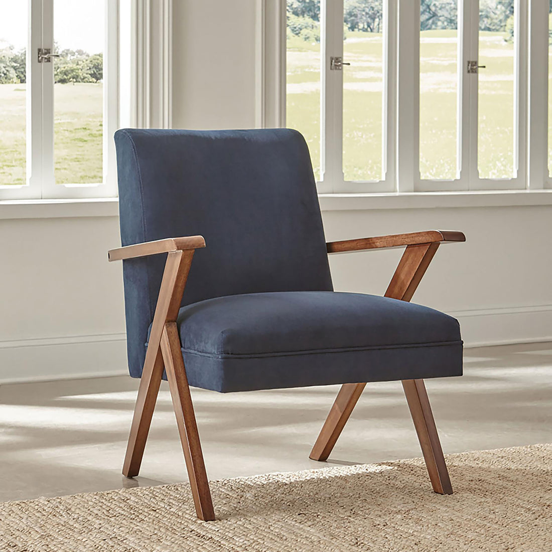 Dark Blue And Walnut Wooden Arms Accent Chair Blue Primary Living Space Mid Century Modern Rubberwood Foam Upholstered