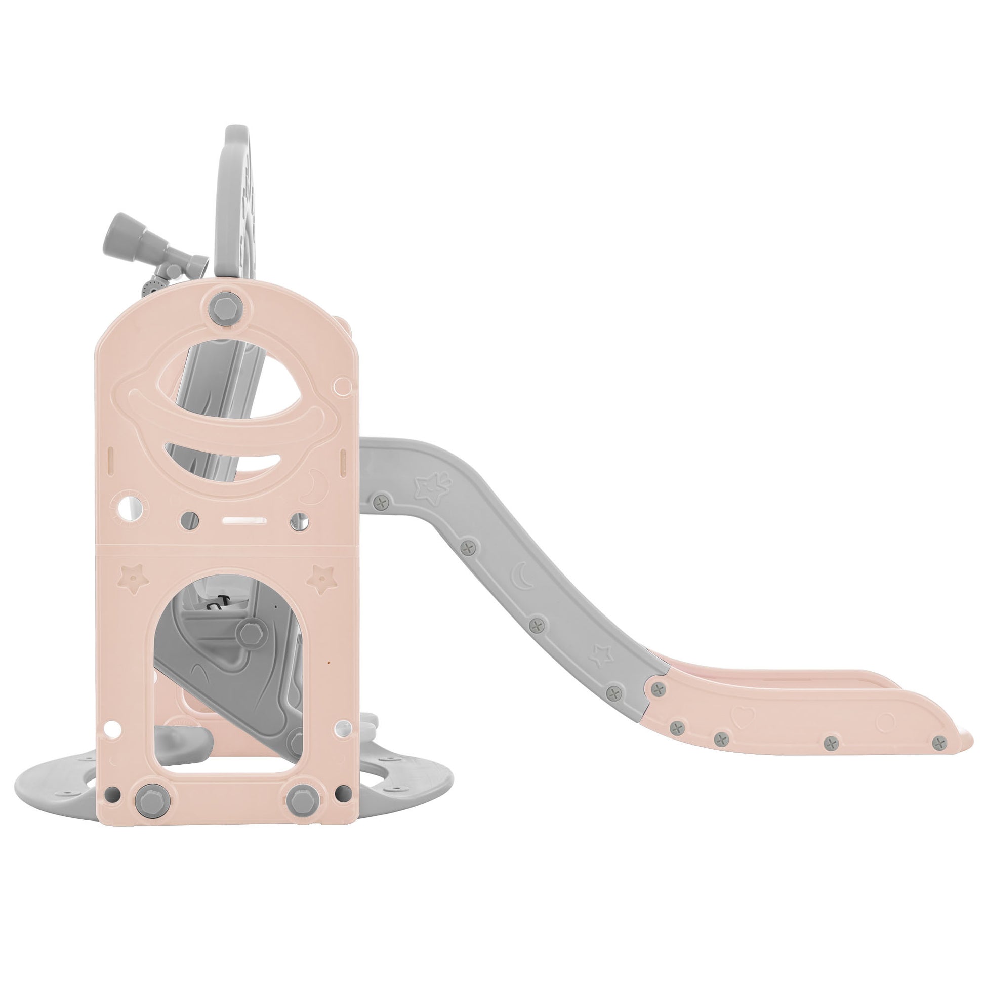 Toddler Slide And Swing Set 5 In 1, Kids Playground Climber Slide Playset With Telescope, Freestanding Combination For Babies Indoor & Outdoor Pink Grey Hdpe