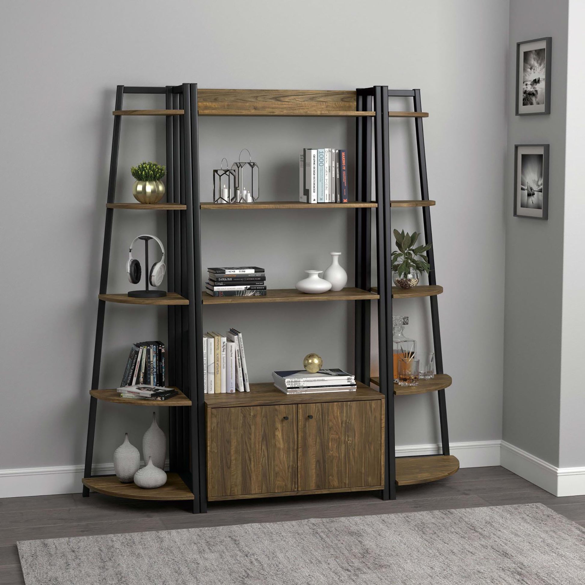 Aged Walnut 5 Tier Corner Bookcase 5 Brown Corner Horizontal Office Open Back Wood Transitional Wood