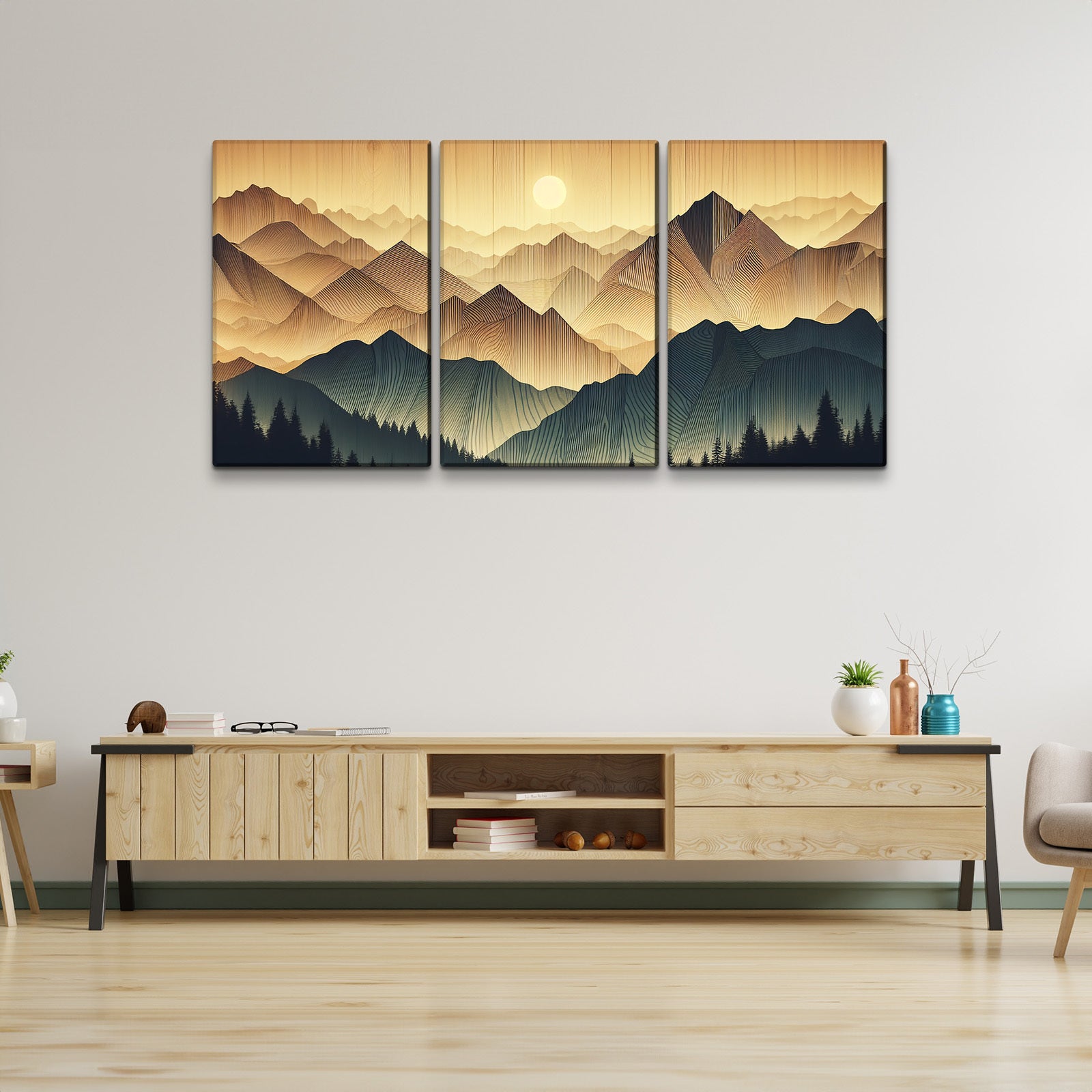 3 Panels Framed Abstract Wood Grain Boho Style Mountain & Forest Canvas Wall Art Decor,3 Pieces Mordern Canvas Decoration Painting For Office,Dining Room,Living Room, Bedroom Decor Ready To Hang Rectangle Framed Multicolor Oversized 41In Canvas Nature