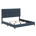 King Size Navy Blue Denim Squares Upholstered Platform Bed Box Spring Required King Blue Wood Bedroom Contemporary,Modern,Transitional Panel Polyester Fabric