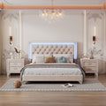 3 Pieces Bedroom Sets,Queen Size Upholstered Platform Bed With Led Lights And Two Nightstands Beige Beige Velvet