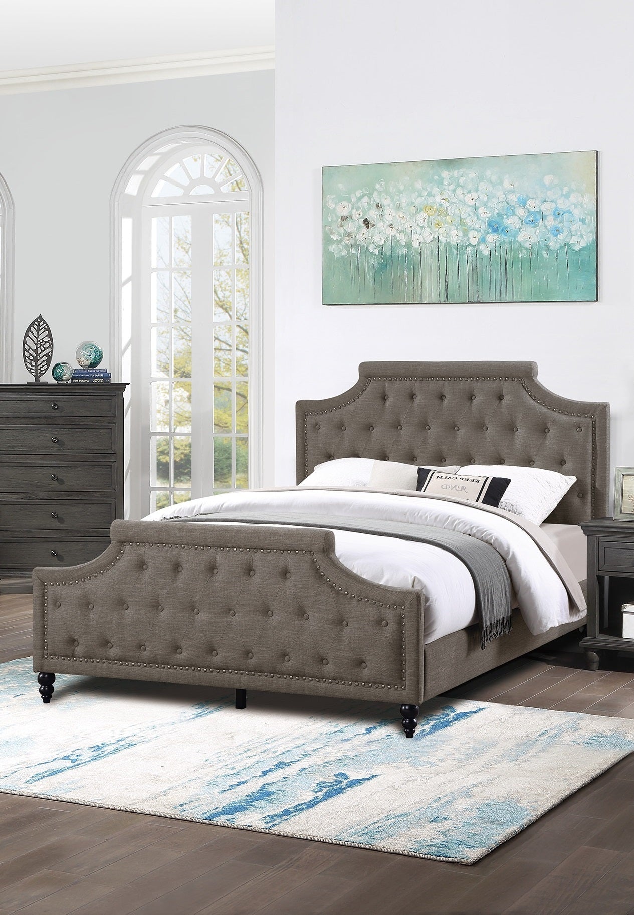 Modern Style Brown Polyfiber American Traditional 1Pcs California King Size Bed Only Button Tufted Headboard Footboard Bedroom Furniture Box Spring Not Required California King Brown Wood Bedroom American Design,Contemporary,Modern Bed Frame Fabric