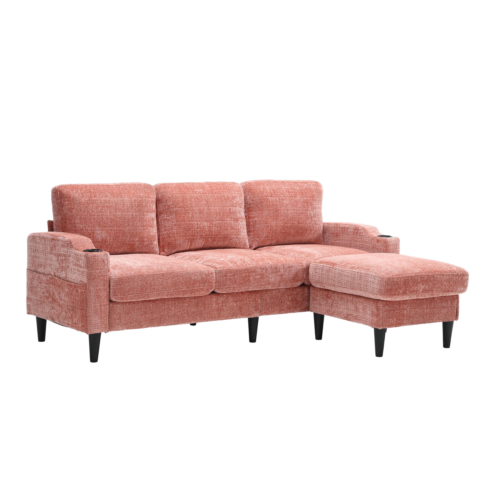 United We Win Sofa For Three, Solid Wood Frame, Chenille Fabric, Side Pocket, With Two Cup Holders, Footstool With Storagestorage Sofa Living Room Sofa Cozy Sectional Sofa Pink Chenille 3 Seat