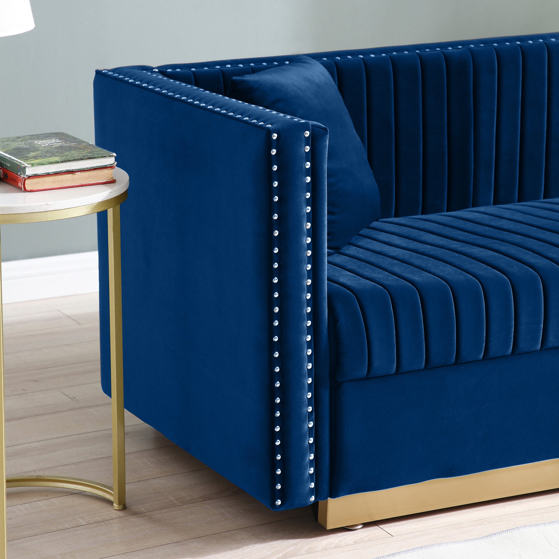 Contemporary Vertical Channel Tufted Velvet Sofa Modern Upholstered Couch For Living Room Apartment With 2 Pillows,Blue Blue Foam Velvet
