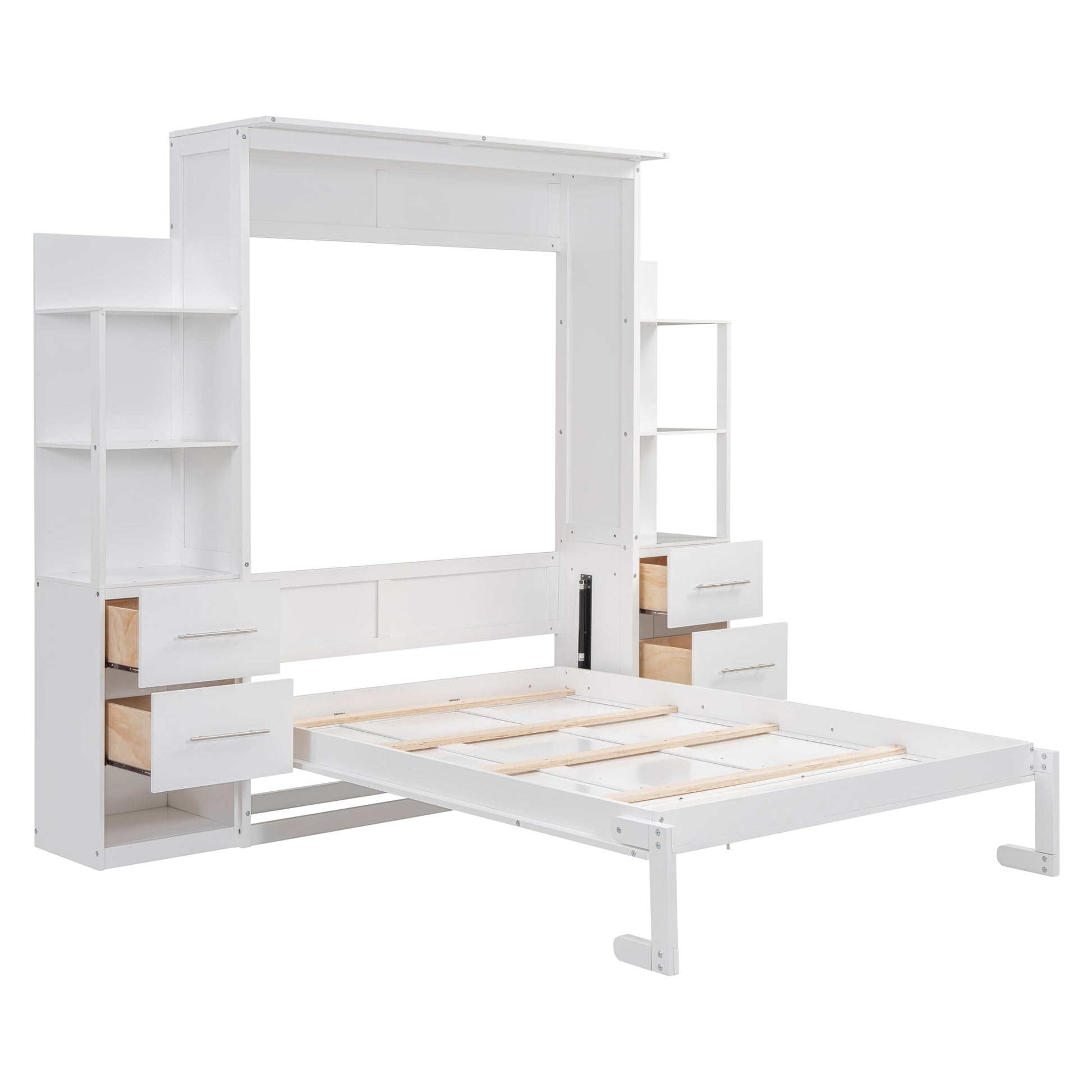 Full Size Murphy Bed Wall Bed With Shelves, Drawers And Led Lights,White White Mdf Lvl