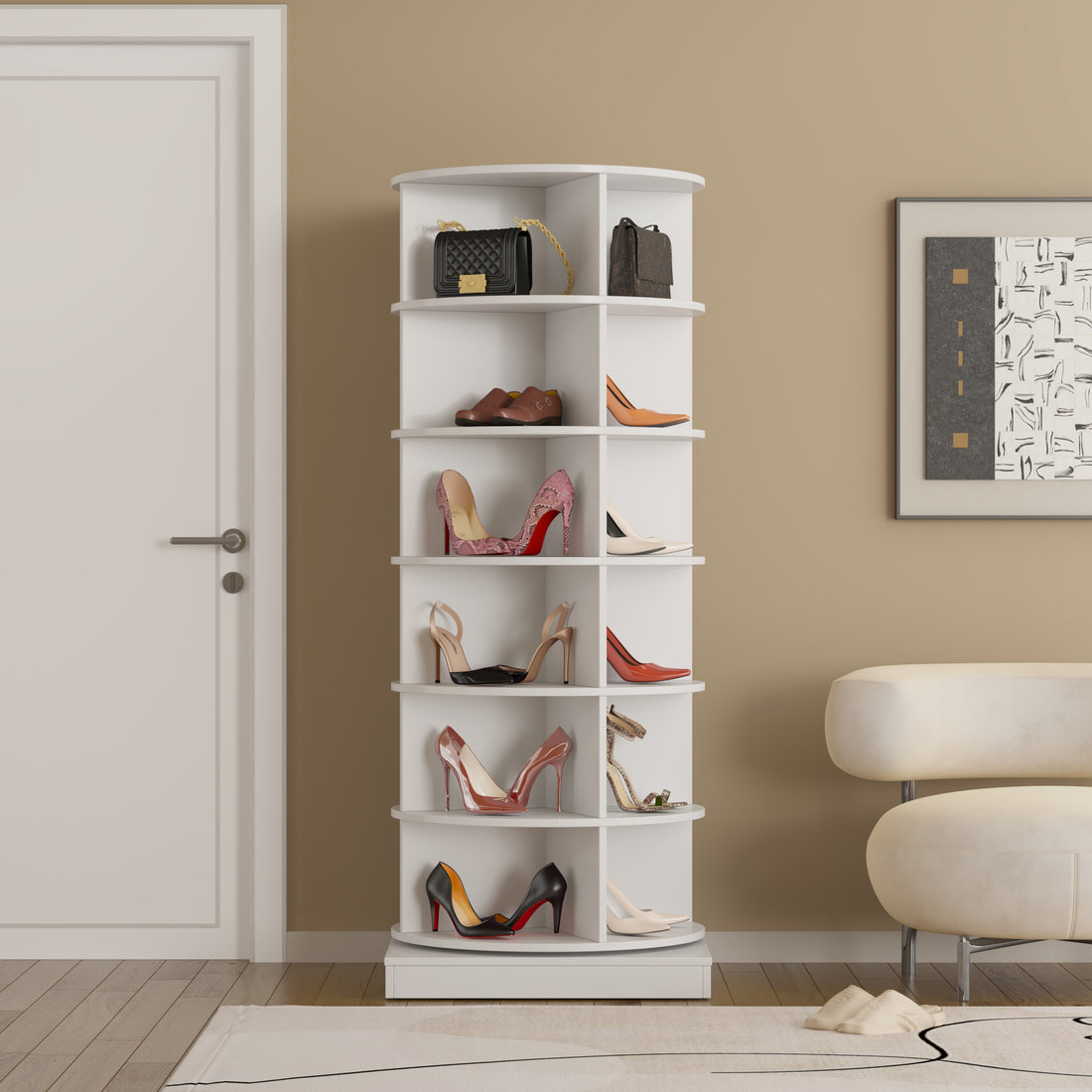 360 Rotating Shoe Cabinet 6 Layers White Melamine