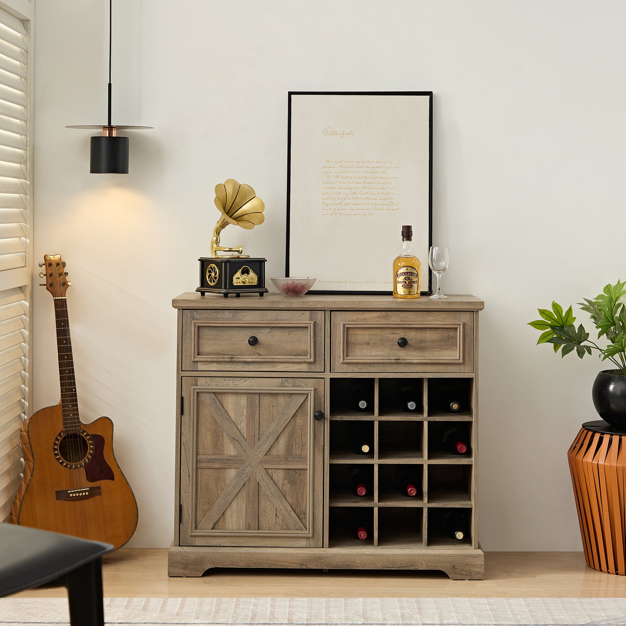 Farmhouse Buffet Cabinet With Storage Sideboard With 2 Drawers, Wine Bar Cabinet With Removable Wine Racks Storage Shelves, Liquor Coffee Bar Cupboard For Kitchen, Dining Room, Gray Wash39.37*15.75*34 Gray Wash Mdf