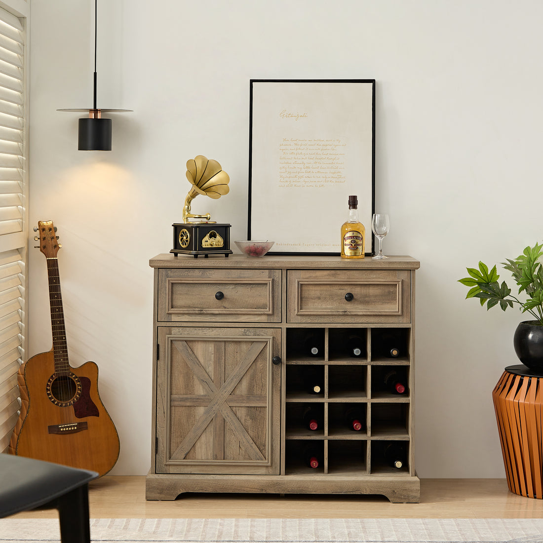 Farmhouse Buffet Cabinet With Storage Sideboard With 2 Drawers, Wine Bar Cabinet With Removable Wine Racks Storage Shelves, Liquor Coffee Bar Cupboard For Kitchen, Dining Room, Gray Wash39.37*15.75*34 Gray Wash Mdf