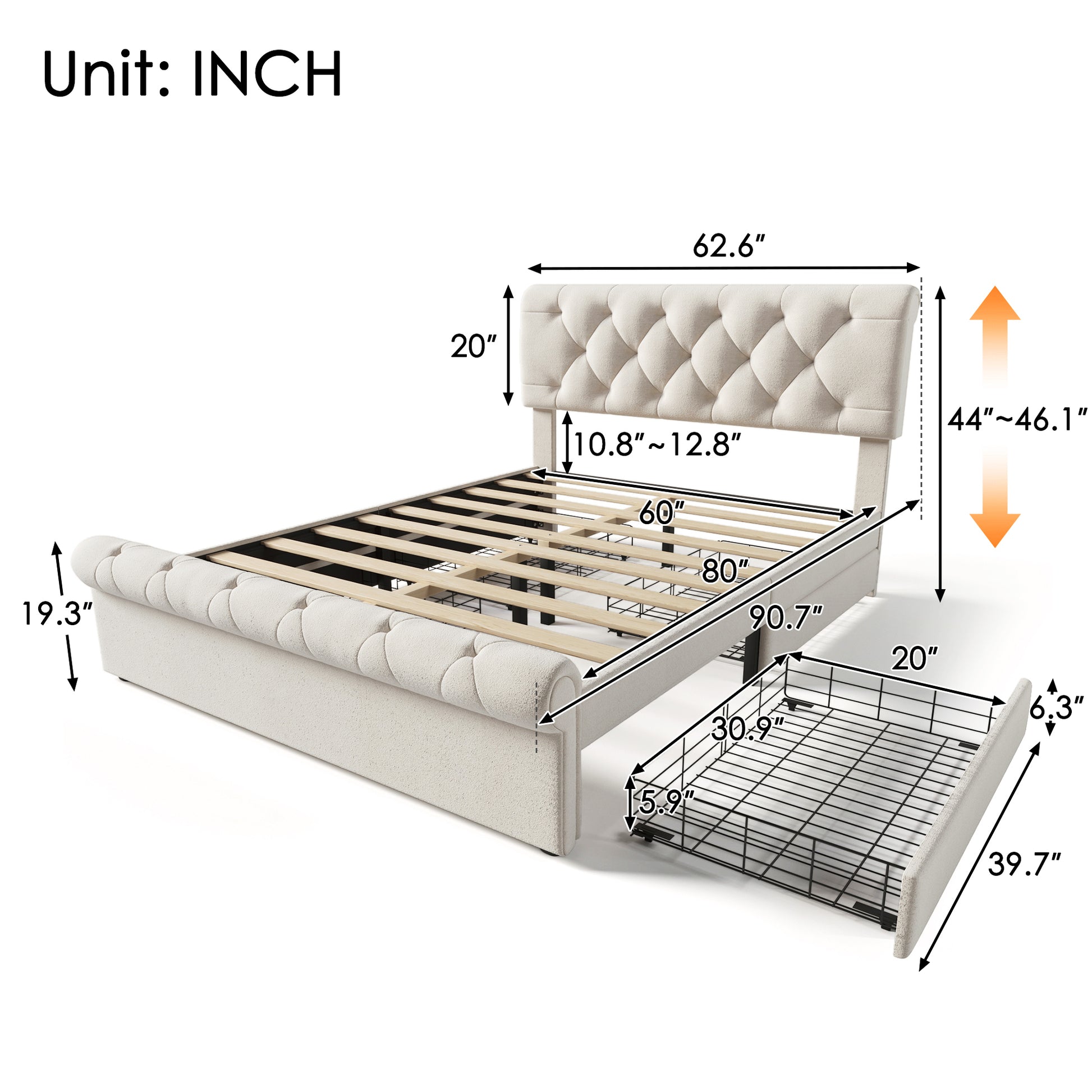 Queen Size Upholstered Platform Bed With Four Drawers, Antique Curved Headboard, Linen Fabric, Beige Without Mattress Queen Beige Linen